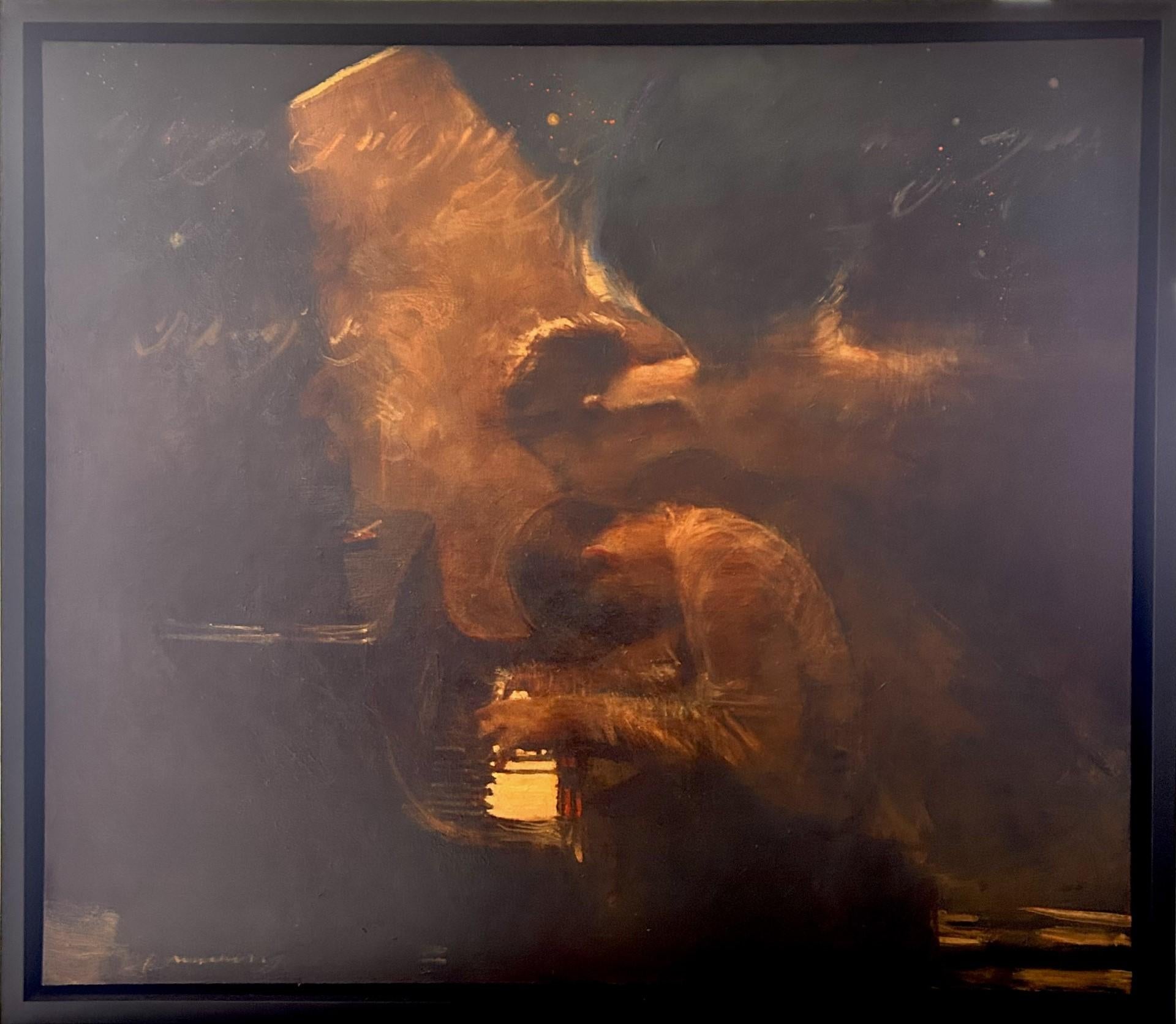Si sólo lo supiéramos - Charlie Mackesy, Óleo original, Músico, ángel, piano, oro en venta 1