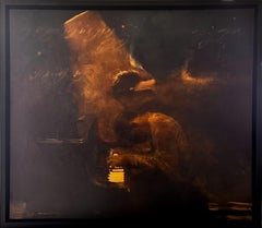 Si sólo lo supiéramos - Charlie Mackesy, Óleo original, Músico, ángel, piano, oro