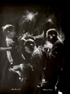 Trio de jazz britannique Charlie Mackesy, Pastel original, musicien, instruments 