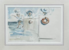 Ladies at the Beach, Charlie Mackesy, Vintage Watercolour, Hat, Fashion, Dress