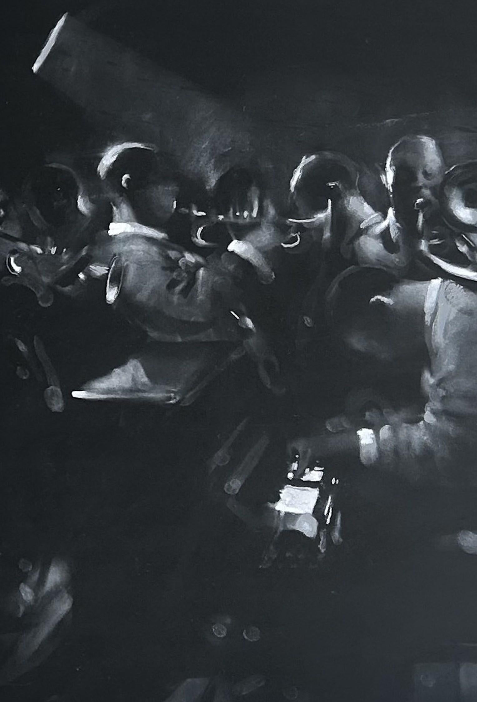 Untitled (Jazz Scene) is an original Charcoal & pastel drawing on paper by British artist Charlie Mackesy. Mackesy's clever work and style here give us a glimpse into this intimate & atmospheric depiction of a Jazz Bar. The sounds from the band