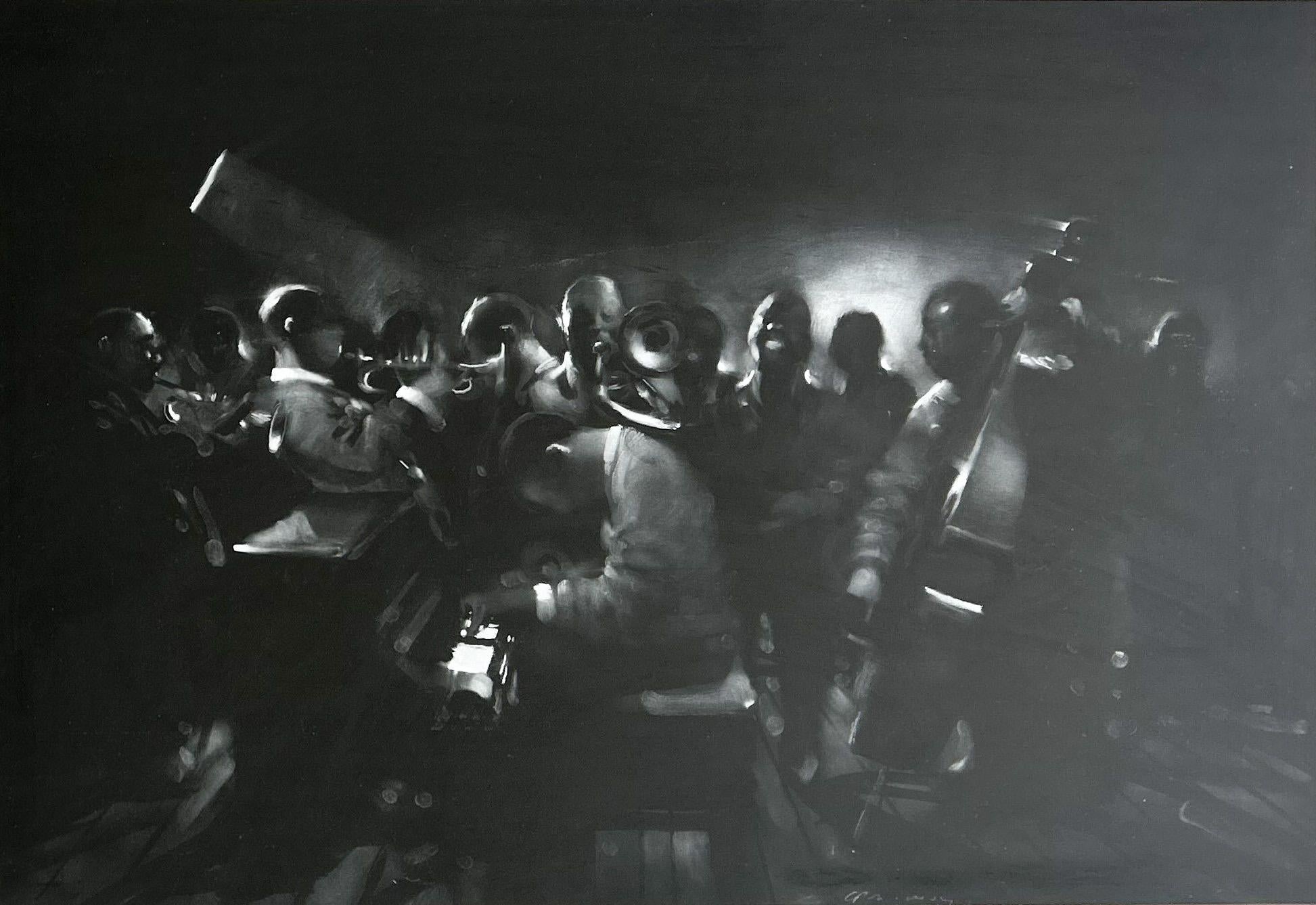 Untitled (Jazz Scene) ist eine originale Kohle- und Pastellzeichnung auf Papier des britischen Künstlers Charlie Mackesy. Mackesys geschickte Arbeit und sein Stil geben uns hier einen Einblick in diese intime und atmosphärische Darstellung einer