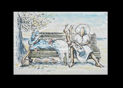 Women on a Bench, Charlie Mackesy, Vintage Watercolour, Women, Dog, Seated, Park