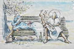 Charlie Mackesy - Women on a Bench, Charlie Mackesy, Vintage Watercolour, Women, Dog, Seated, Park Women on a Bench, Charlie Mackesy, Vintage Watercolour, Women, Dog, Seated, Park