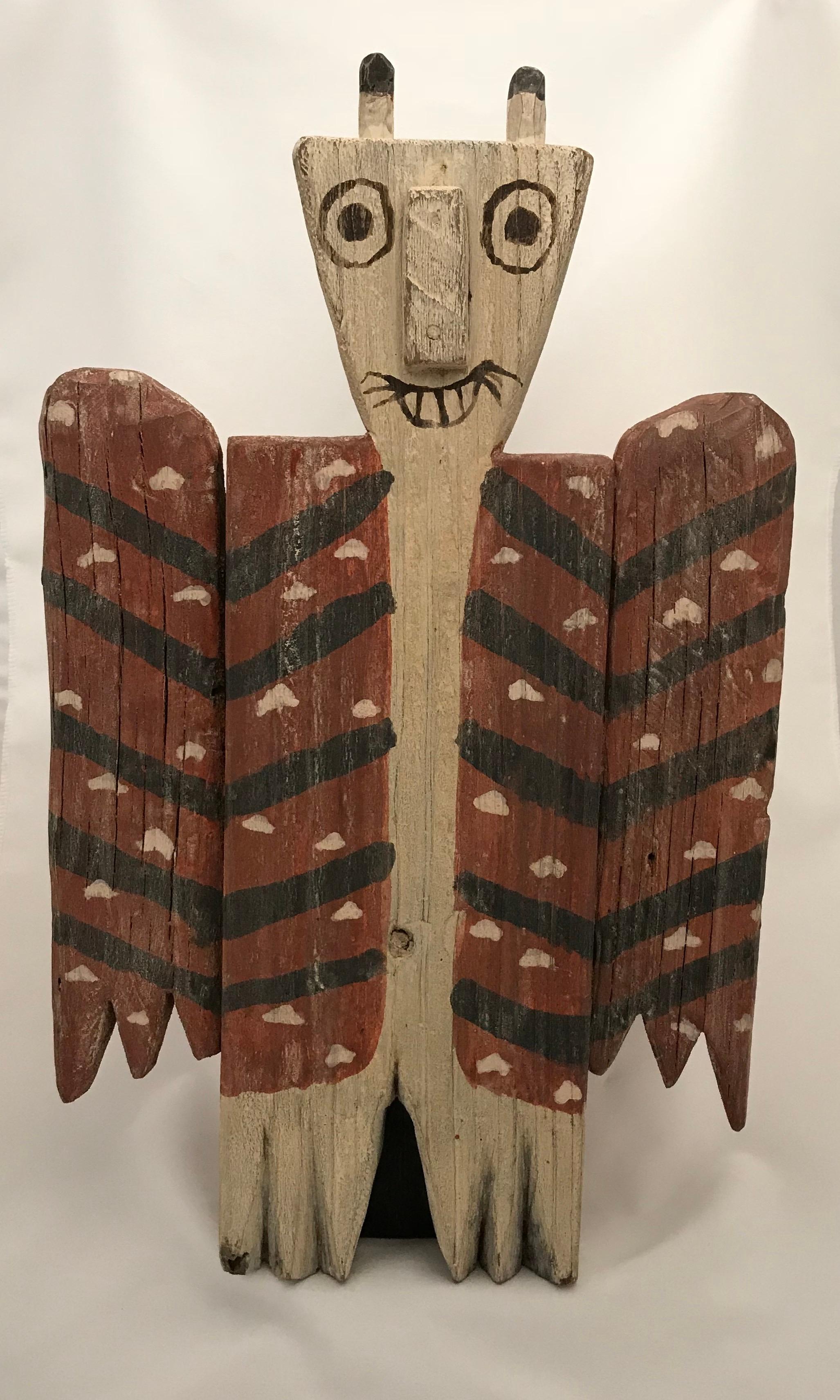 Charlie Willeto Figurative Sculpture - Owl, Navajo Folk art, rustic, red, white, hearts, Santa Fe