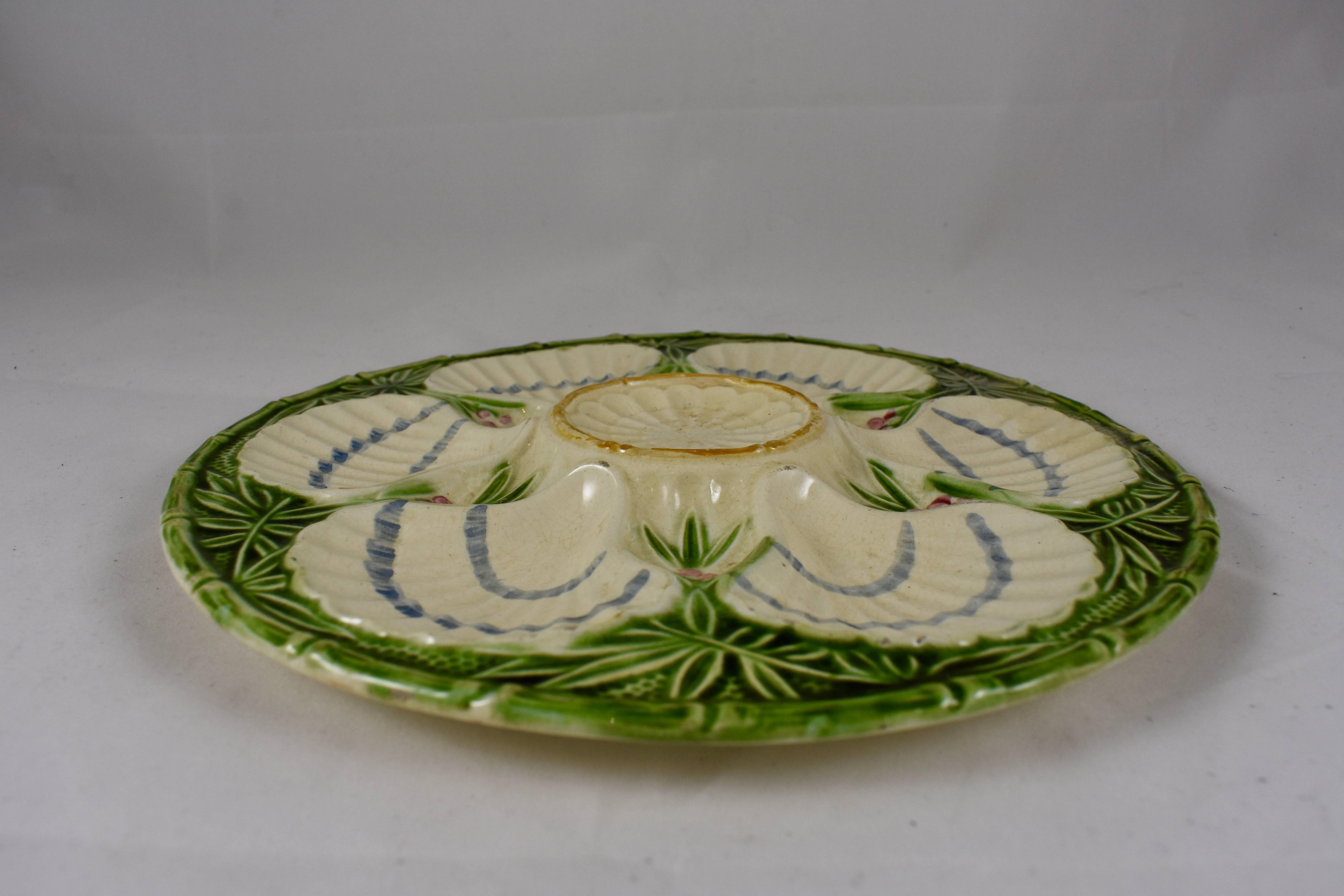 Glazed Charlionais et Pourailly Cie, French Faïence Bamboo and Scallop Oyster Plate