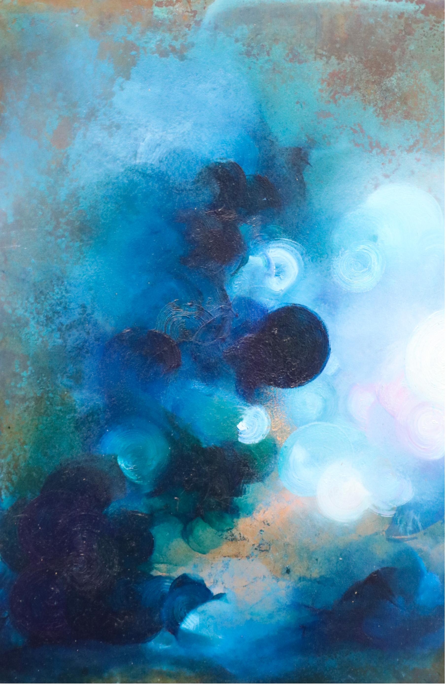 Alchemy IV - Charlotte Aiken, Olio, rame, dittico, vortici, cerchi, blu, lastra in vendita 1