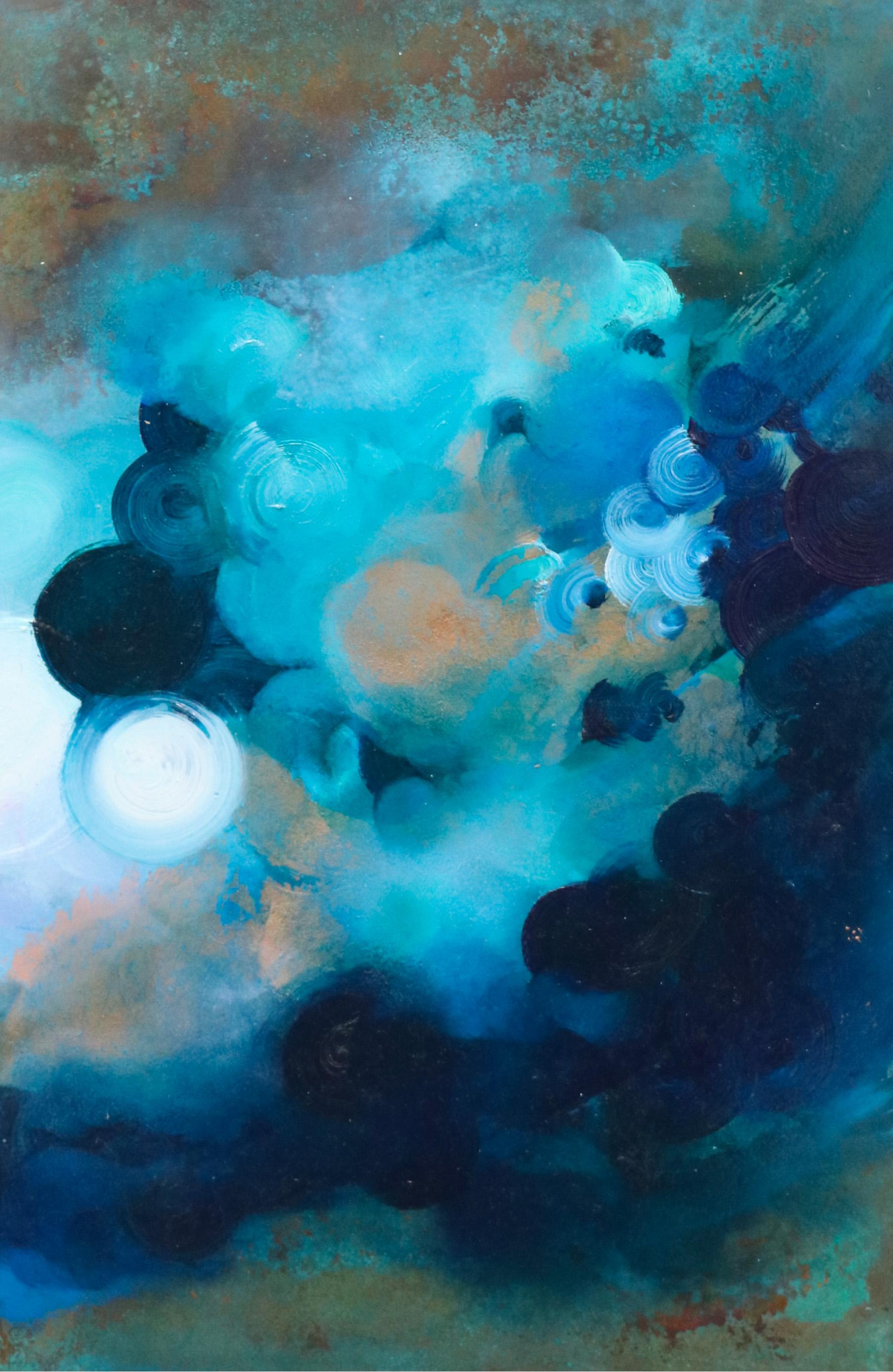 Alchemy IV - Charlotte Aiken, Olio, rame, dittico, vortici, cerchi, blu, lastra in vendita 2