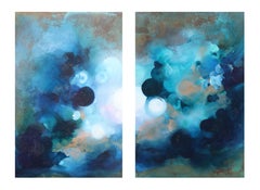 Alquimia IV - Charlotte Aiken, Óleo, cobre, díptico, remolinos, círculos, Azul, placa