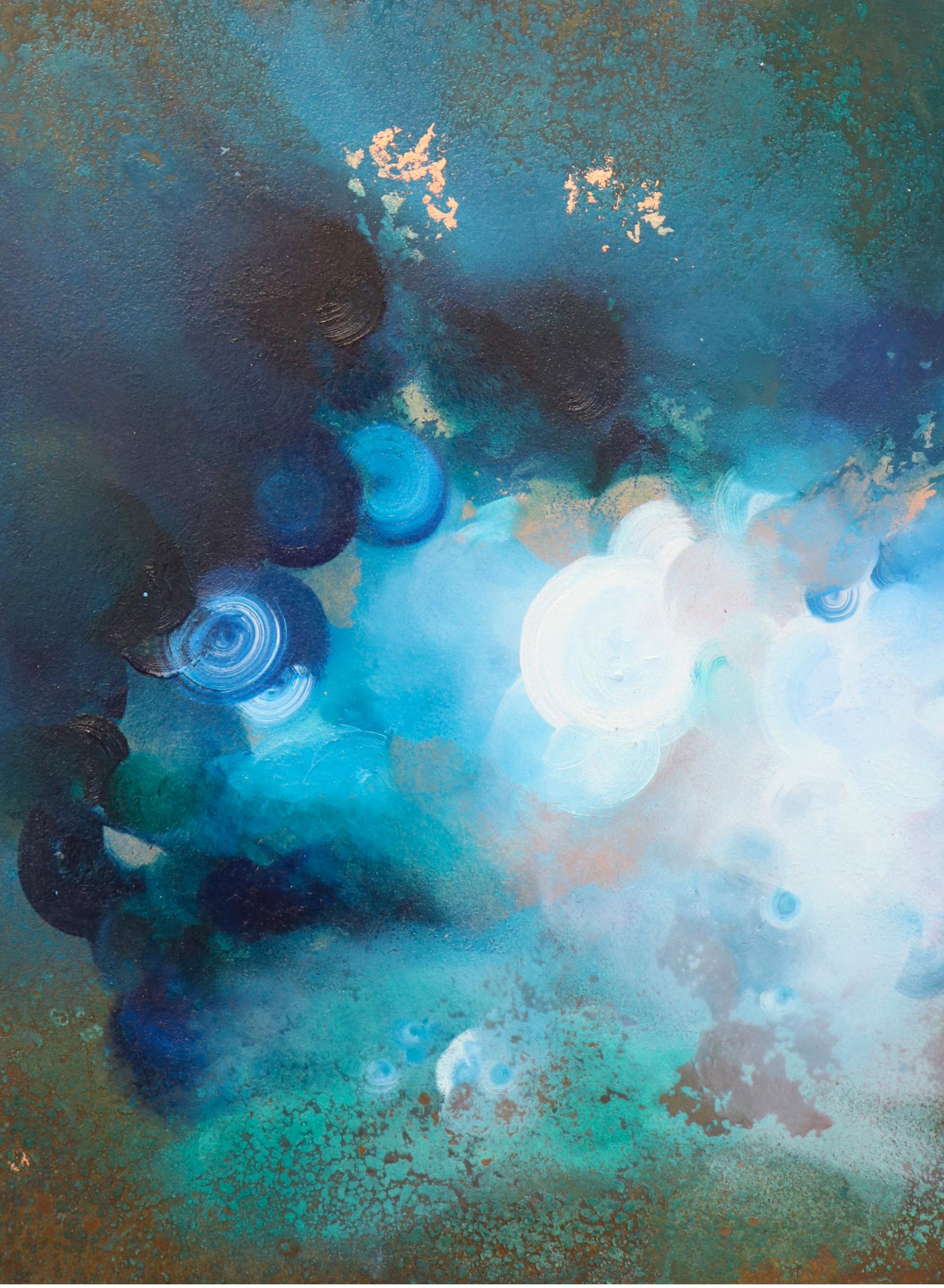 Alchemy V - Charlotte Aiken, Olio, rame, dittico, vortici, cerchi, blu, piatto in vendita 1