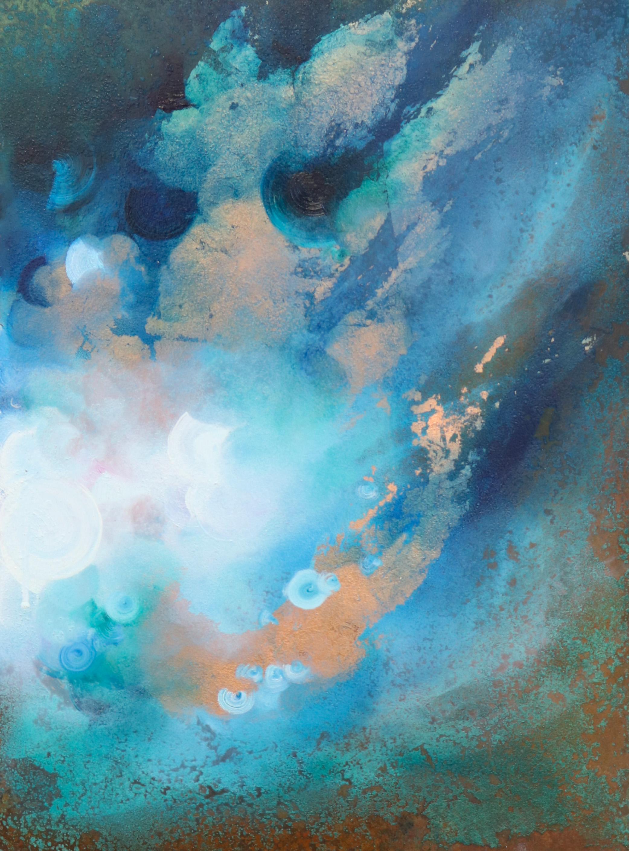 Alchemy V - Charlotte Aiken, Olio, rame, dittico, vortici, cerchi, blu, piatto in vendita 2