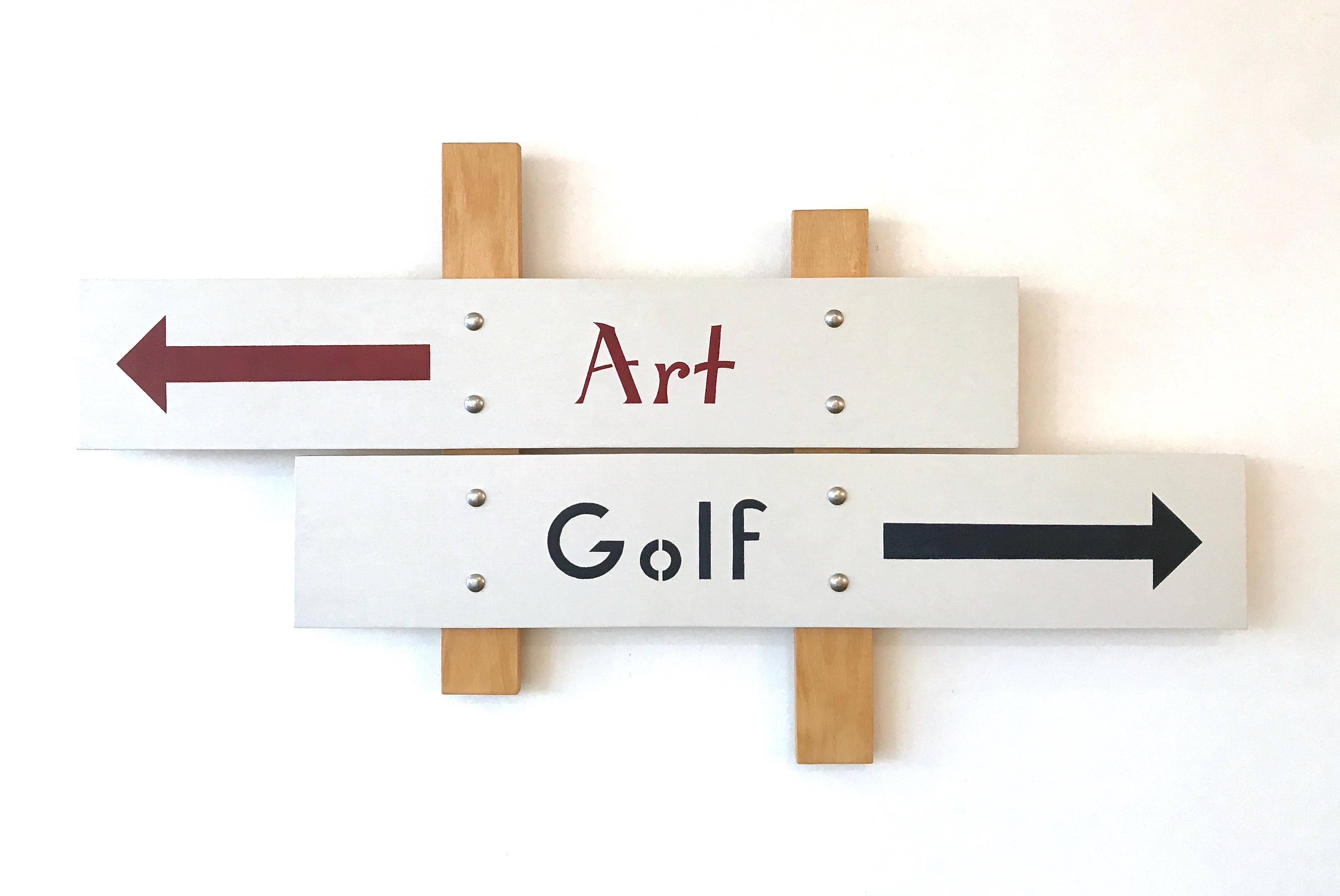 Charlotte Andry Gibbs Abstract Painting - "Art/Golf"   Pop-Art Americana, Humorous. Red/ Black /White Construction, Sports