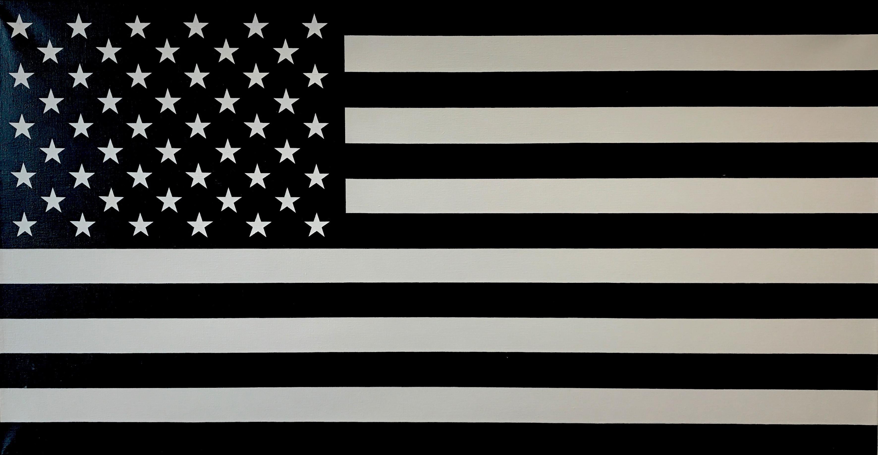 Charlotte Andry Gibbs Figurative Painting – ""Schwarz-Weiß"  Amerikanische Americana, Pop, Flagge, Schwarz/Graugrau, Minimalistisch, Abstrakt