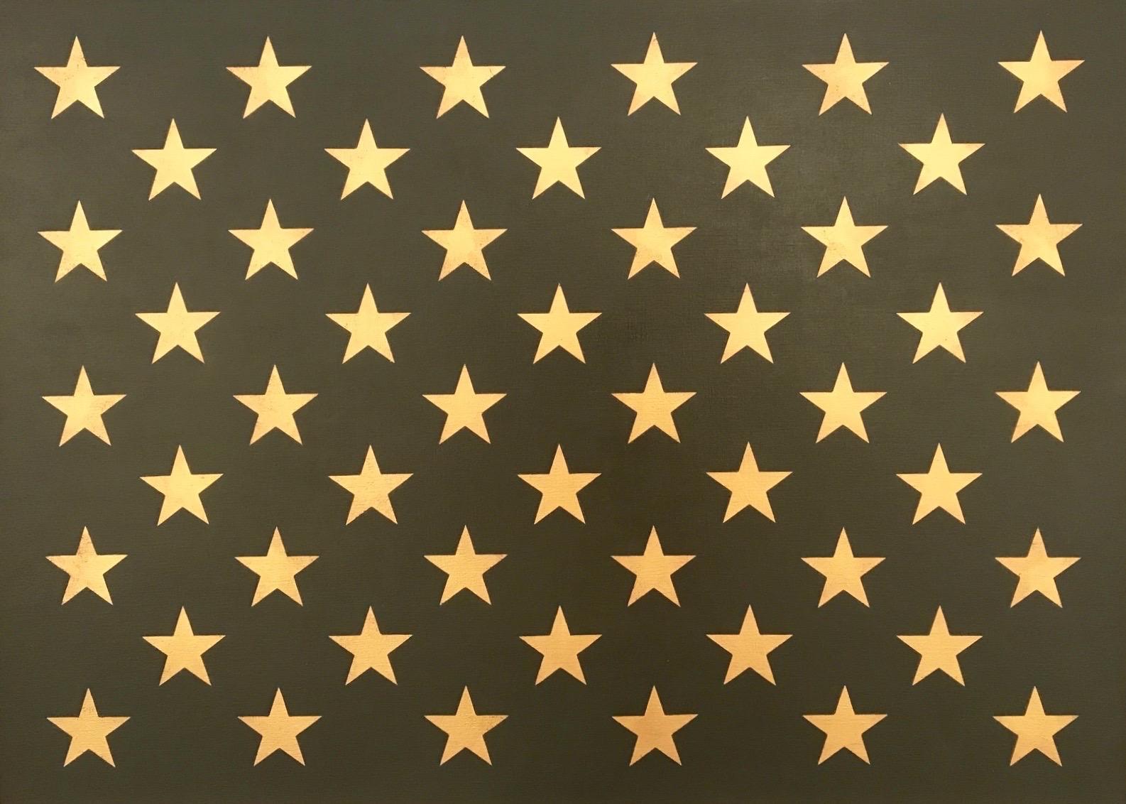 Charlotte Andry Gibbs Abstract Painting - "Canton Olive and Gold"  Pop-Art Americana Star Contemporary Oil/ 23K Gold Leaf