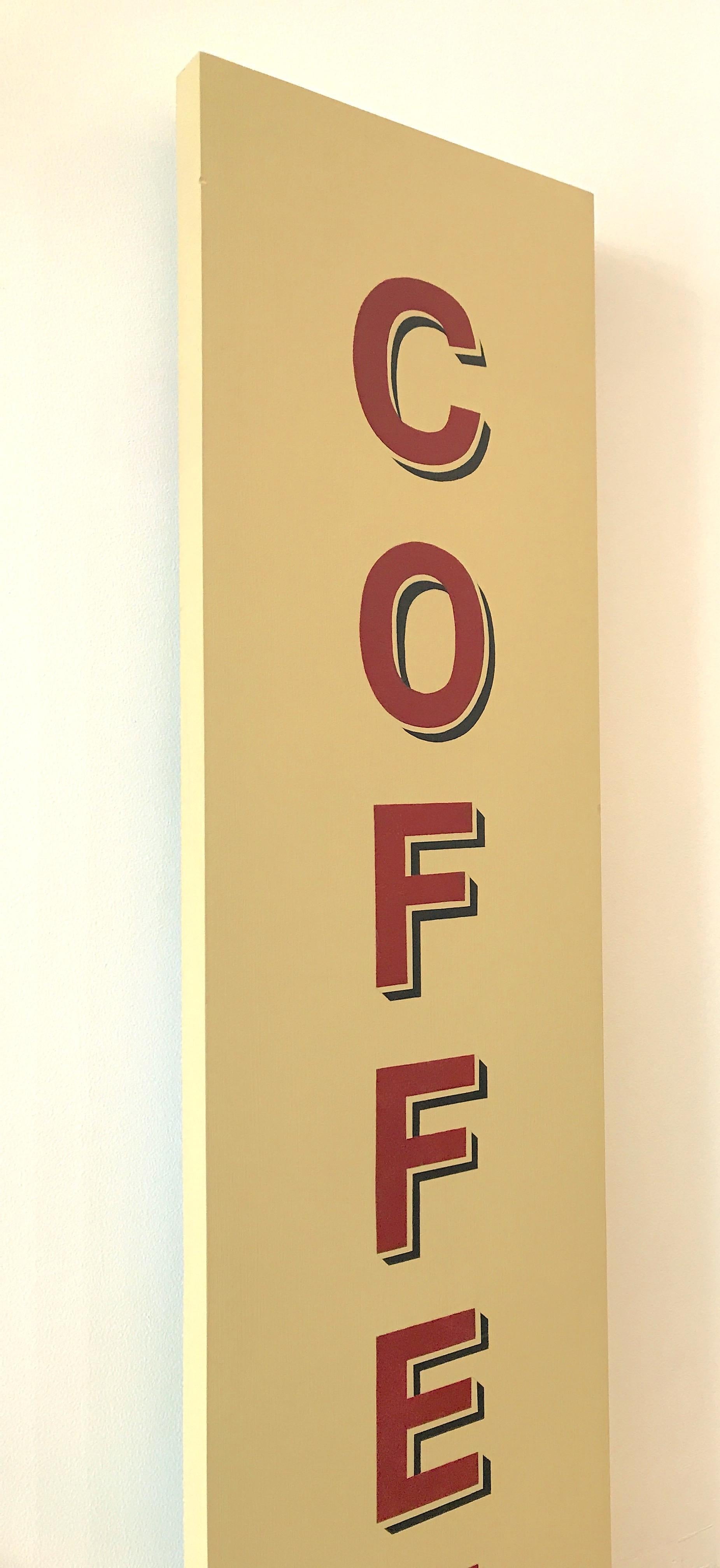 „Coffee (Marquee)“ Pop-Art Americana, signiertes Gemälde, Öl/Wood, Burgund/Schwarz/Tan – Painting von Charlotte Andry Gibbs