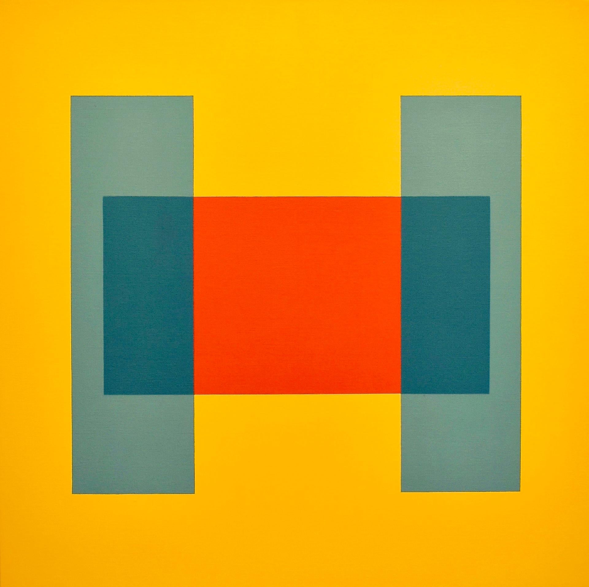 Charlotte Andry Gibbs Abstract Painting - "Come Together" Minimal Geometric Bright Yellow Contemporary Oil Paint Abstract