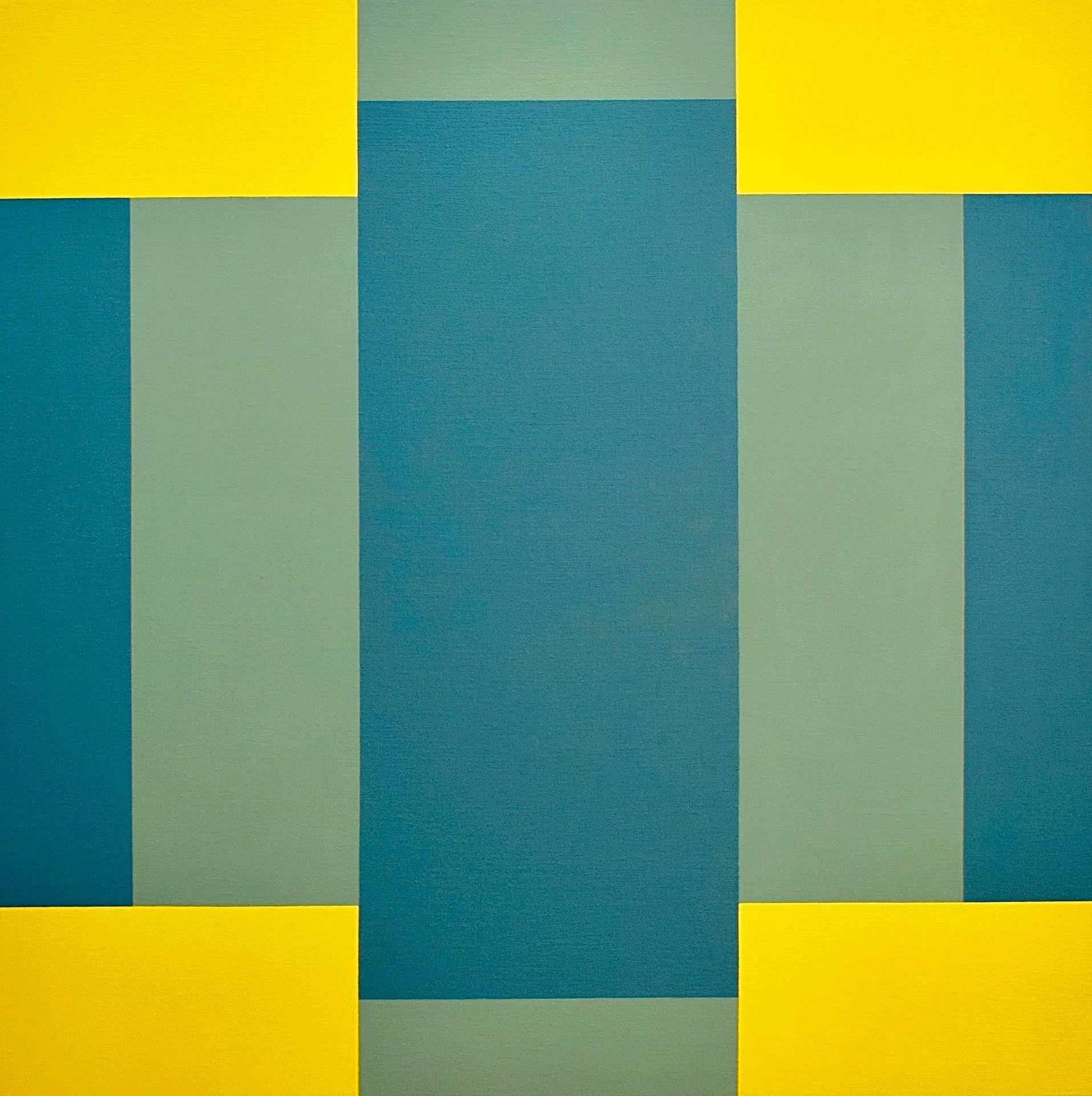 Charlotte Andry Gibbs Abstract Painting - "Crossroad" Minimal Geometric Abstract Green Blue Oil Painting Contemporary