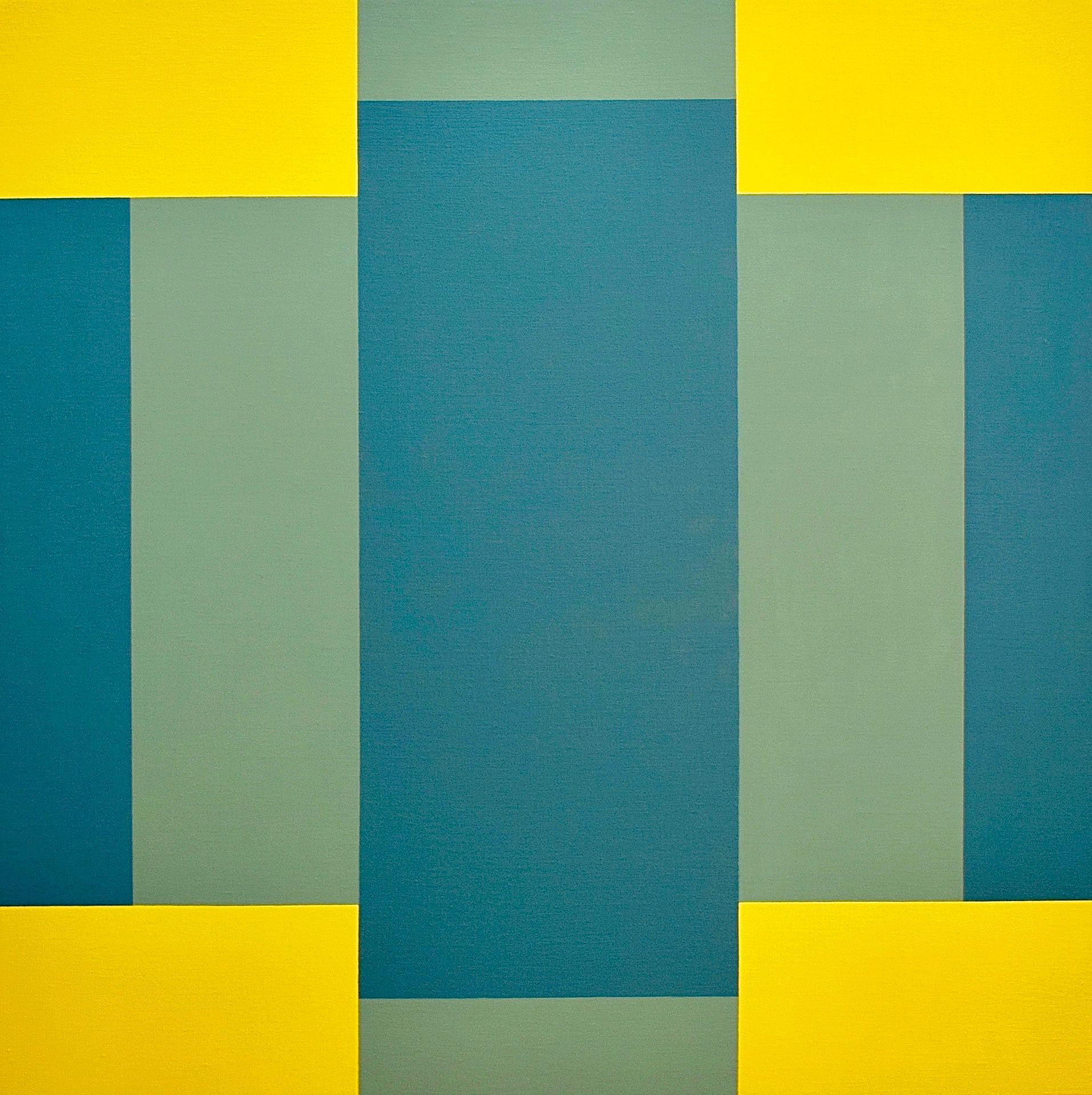 Abstract Painting di Charlotte Andry Gibbs - "Crossroad" Pittura ad olio astratta geometrica minimale, verde e blu, contemporanea