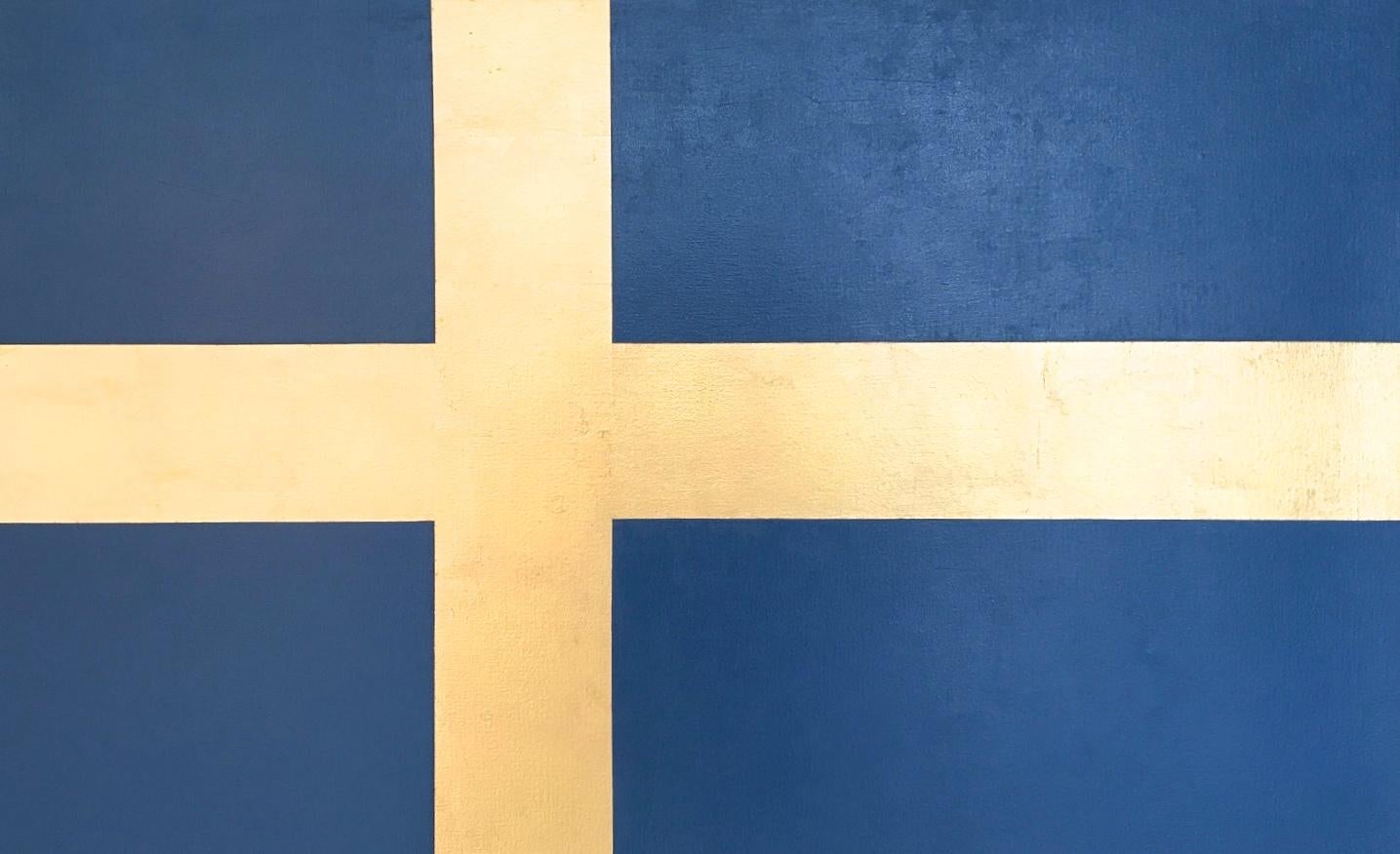 Charlotte Andry Gibbs Figurative Painting - "Flag of Sweden" Minimal Geometric Pop Art 23K Gold Leaf Contemporary Oil Paint
