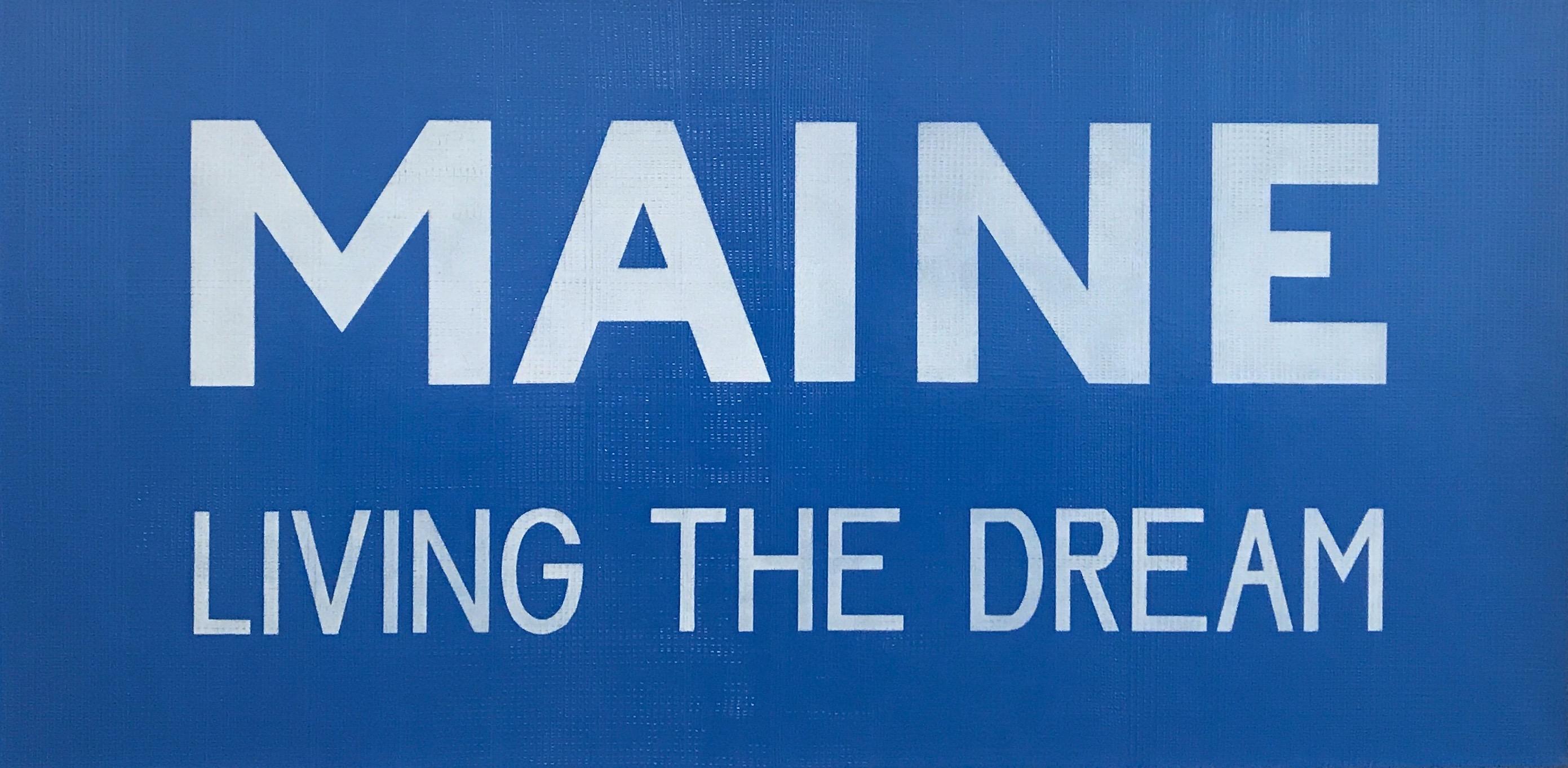 Abstract Painting Charlotte Andry Gibbs - « MAINE, LIVING THE DREAM » (LIVING THE DREAM)  Drapeau du Maine, lettres blanches sur fond bleu vif