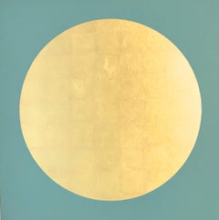 "Morning Sun" Geometric, Minimal,  23 Karat Gold Leaf Circle on Turquoise Ground