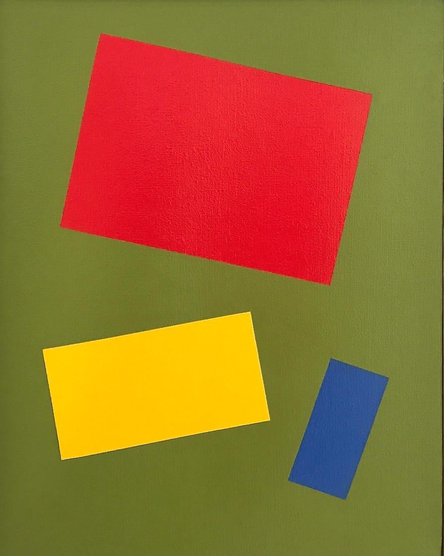 Charlotte Andry Gibbs Abstract Painting - "Primary Colors on a Field of Green" Minimal Bright Abstract Geometric Oil Paint