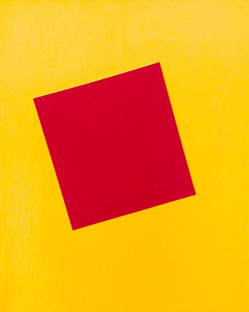 Charlotte Andry Gibbs Abstract Painting - "Right on Red" Minimal Geometric Abstract Square Red Yellow Contemporary Bright