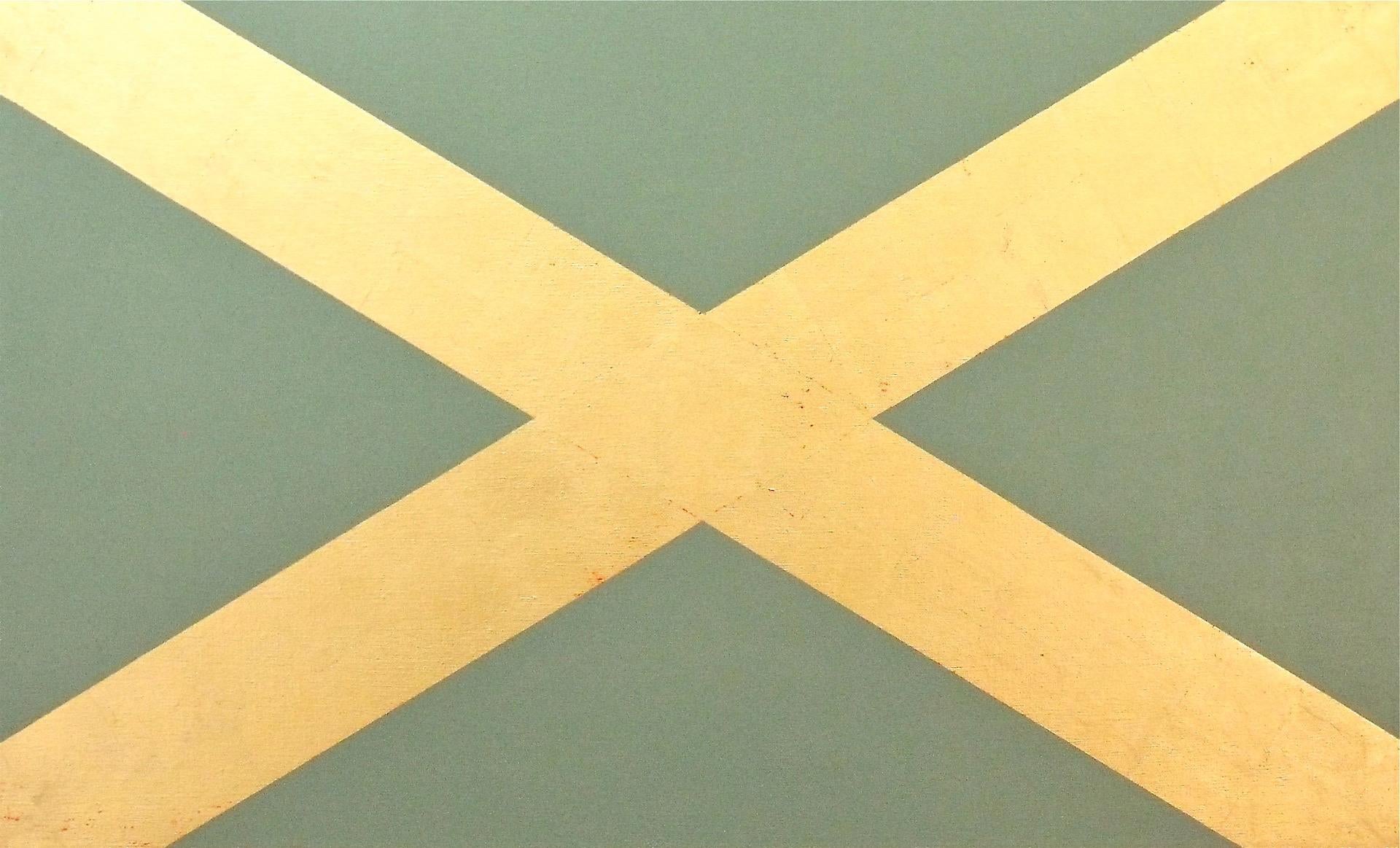 ""Saltaire""  Drapeau écossais géométrique minimaliste  Pop  Vert sauge  Feuille/Oil en or 23 carats