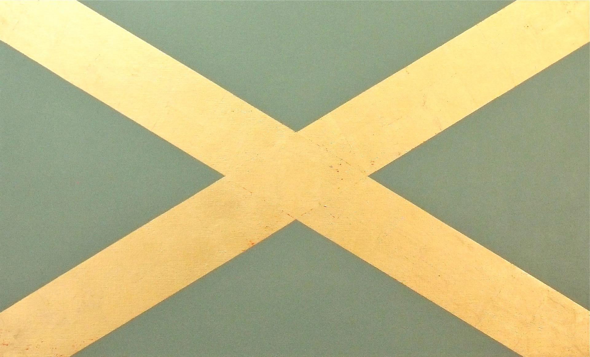 "Saltaire"  Minimal Scottish Flag Geometric  Pop  Sage Green  23K Gold Leaf/Oil 