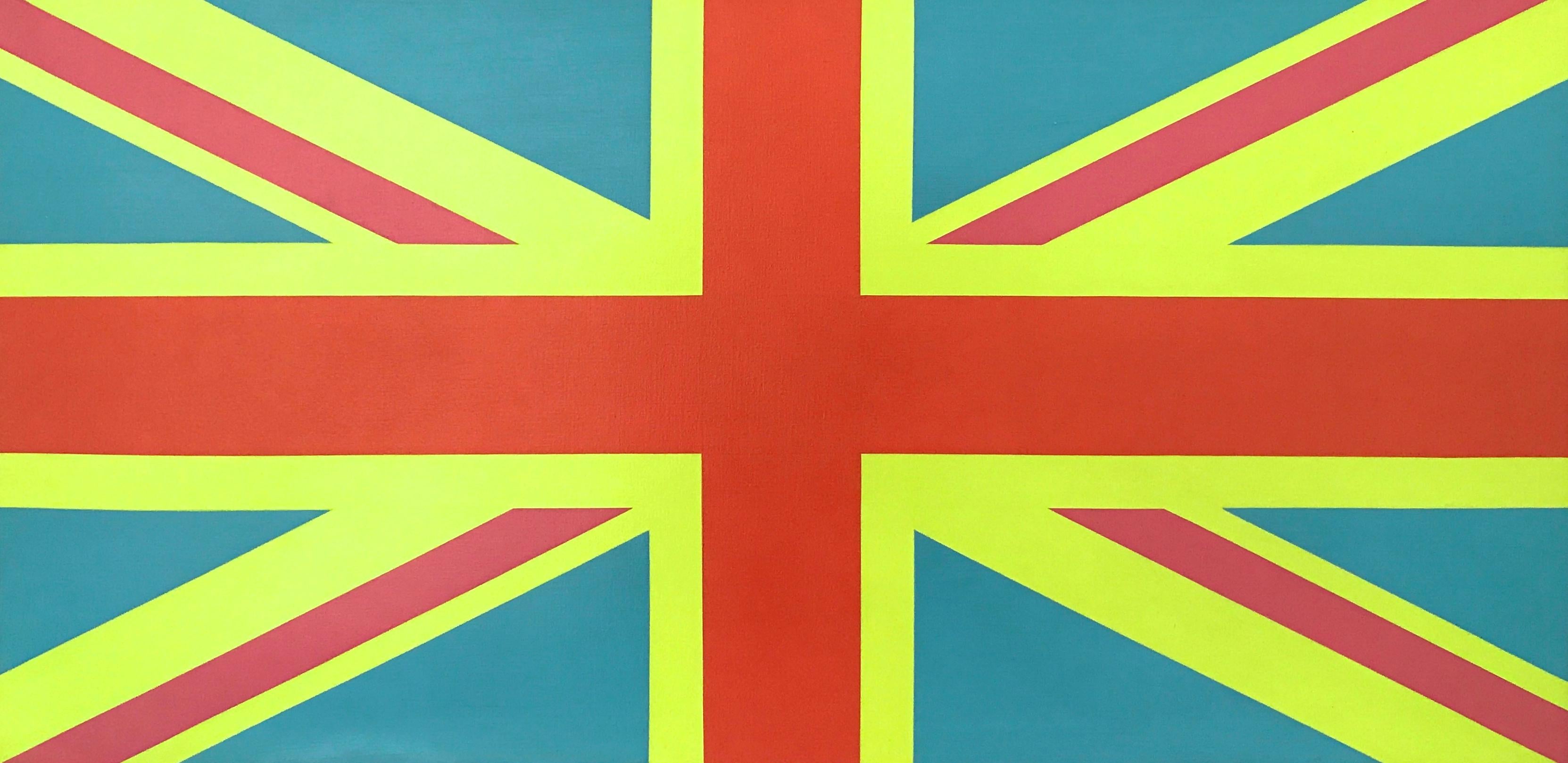 Charlotte Andry Gibbs Abstract Painting – "Sgt. Pepper Jack" Britische Flagge Union Jack Zeitgenössische Minimalistische Helle Ölfarbe