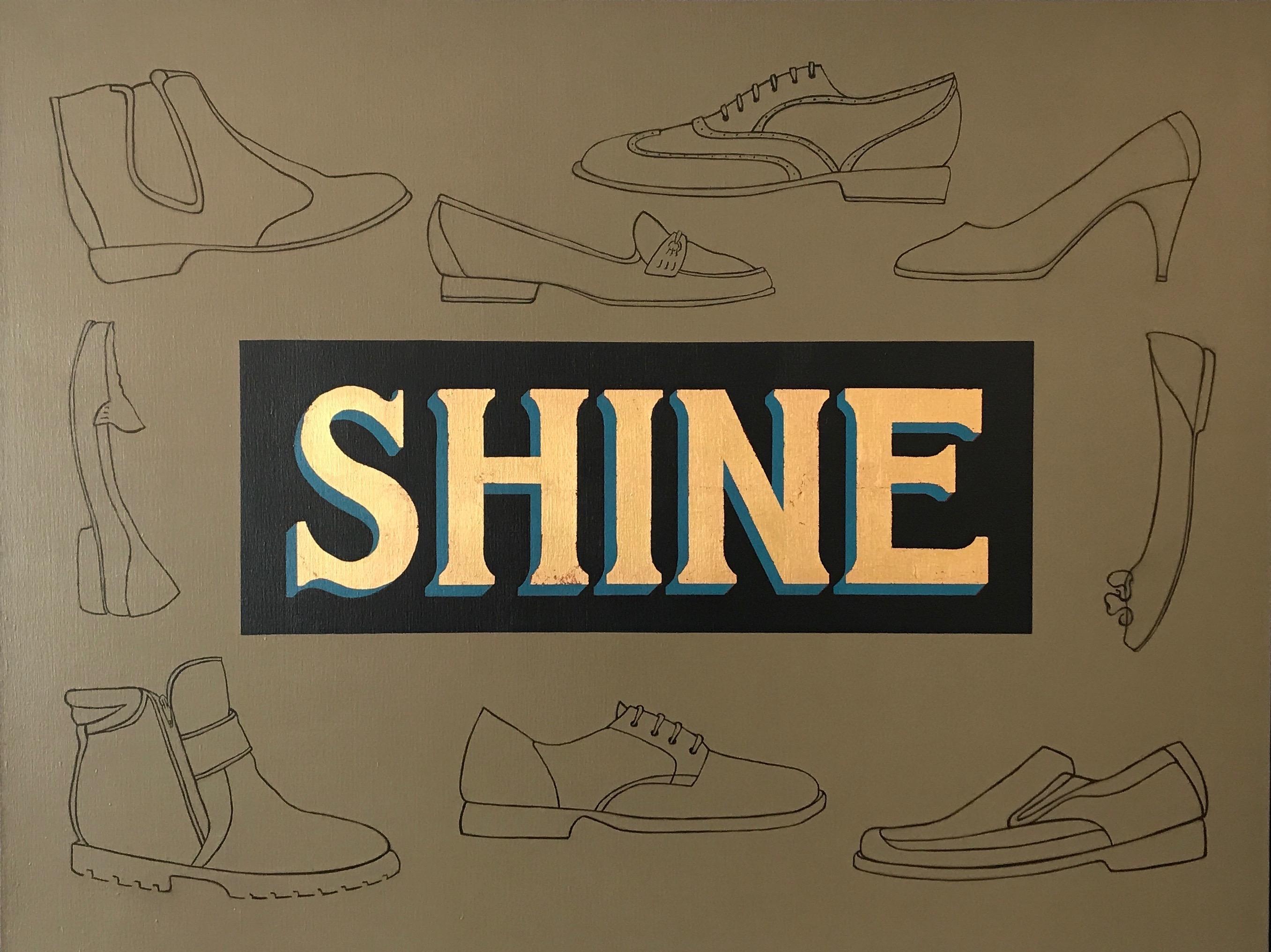 "Shine"  Pop-Art Americana Shoes 'Sign' in Tan /Black /23 KT.Gold Leaf and Oil - Painting by Charlotte Andry Gibbs