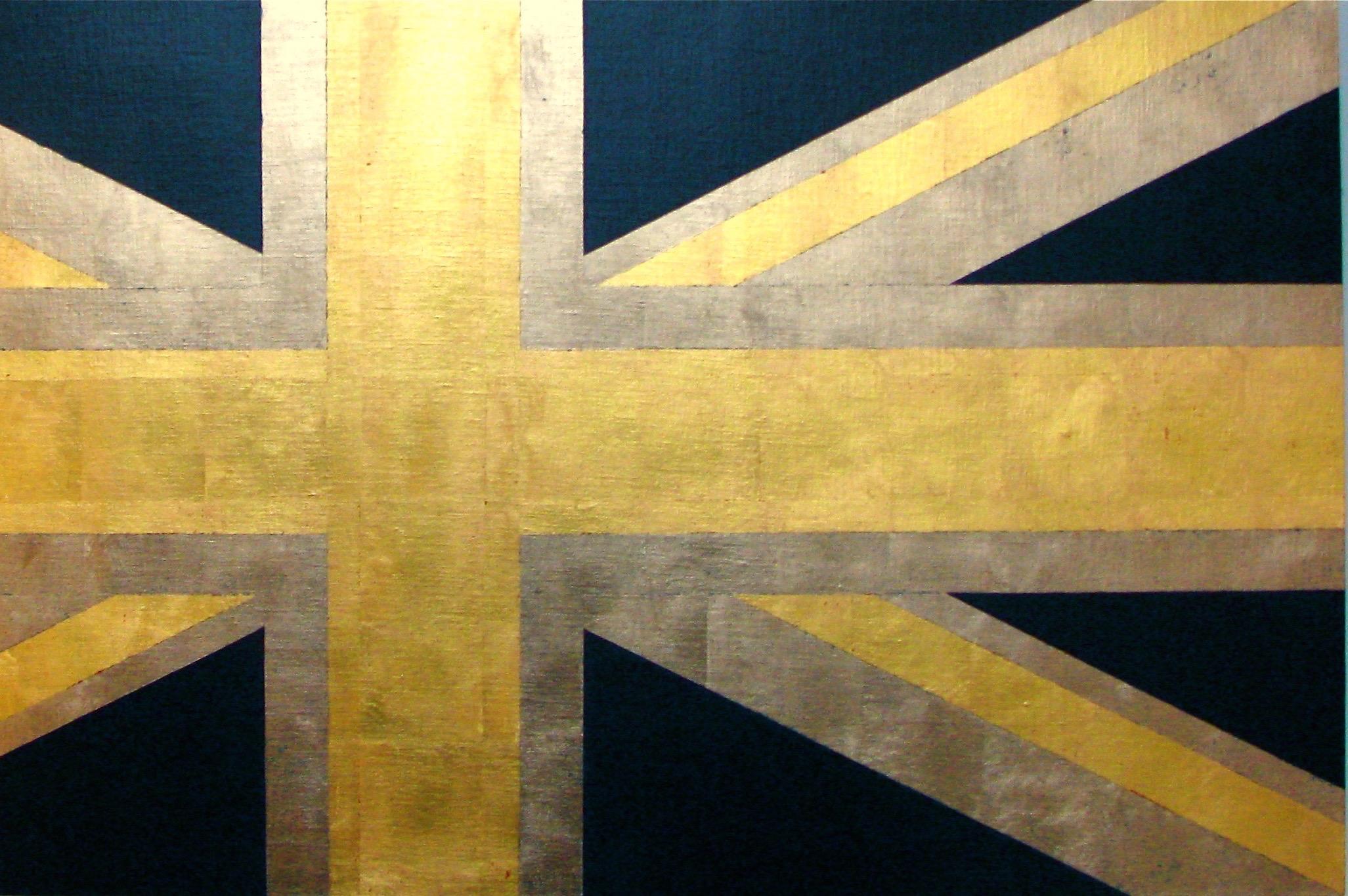 « Union Jack (bleu et or) »  Drapeau britannique pop contemporain feuille/oil en or 23 carats  - Painting de Charlotte Andry Gibbs