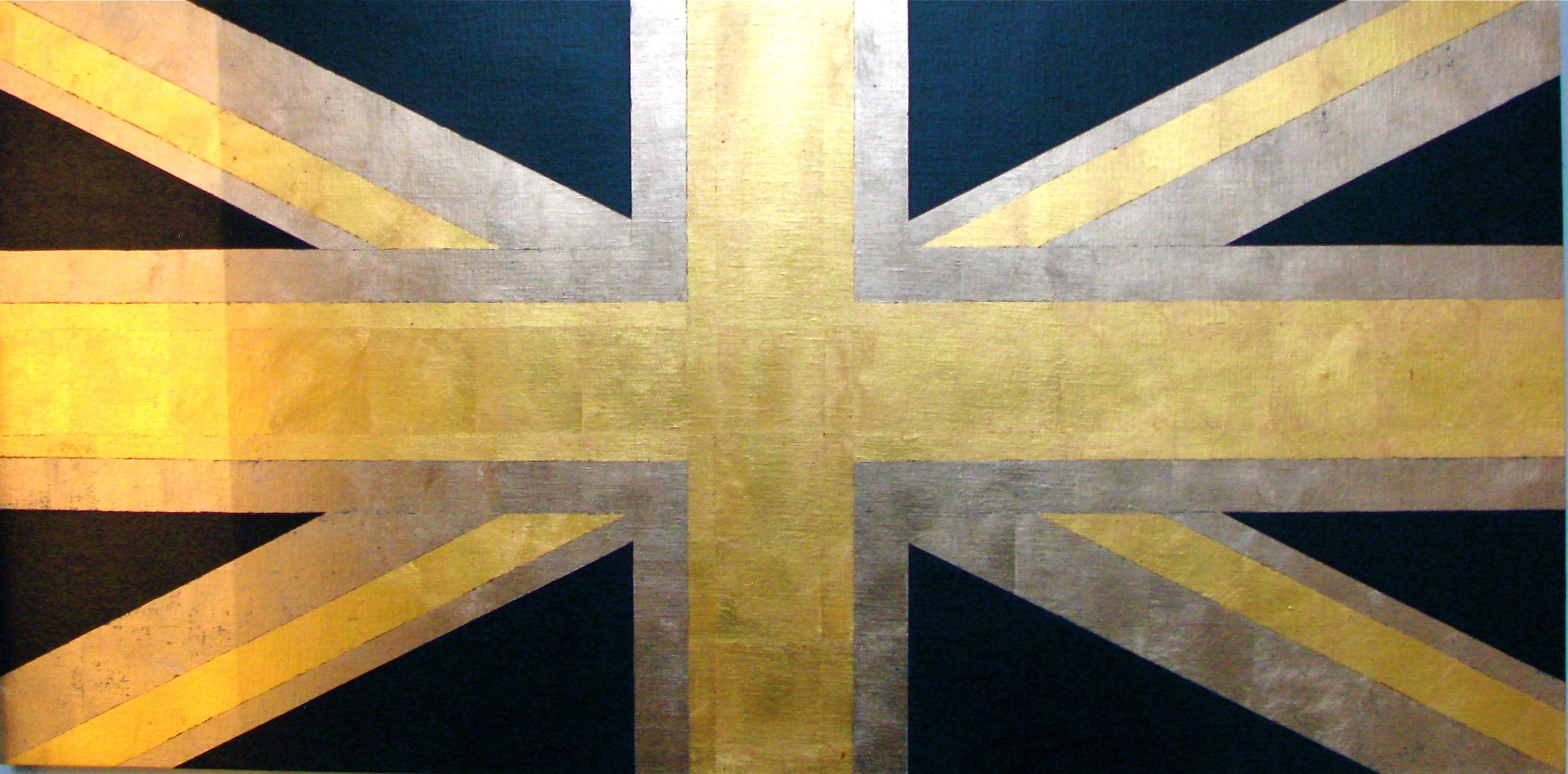 Figurative Painting Charlotte Andry Gibbs - « Union Jack (bleu et or) »  Drapeau britannique pop contemporain feuille/oil en or 23 carats 