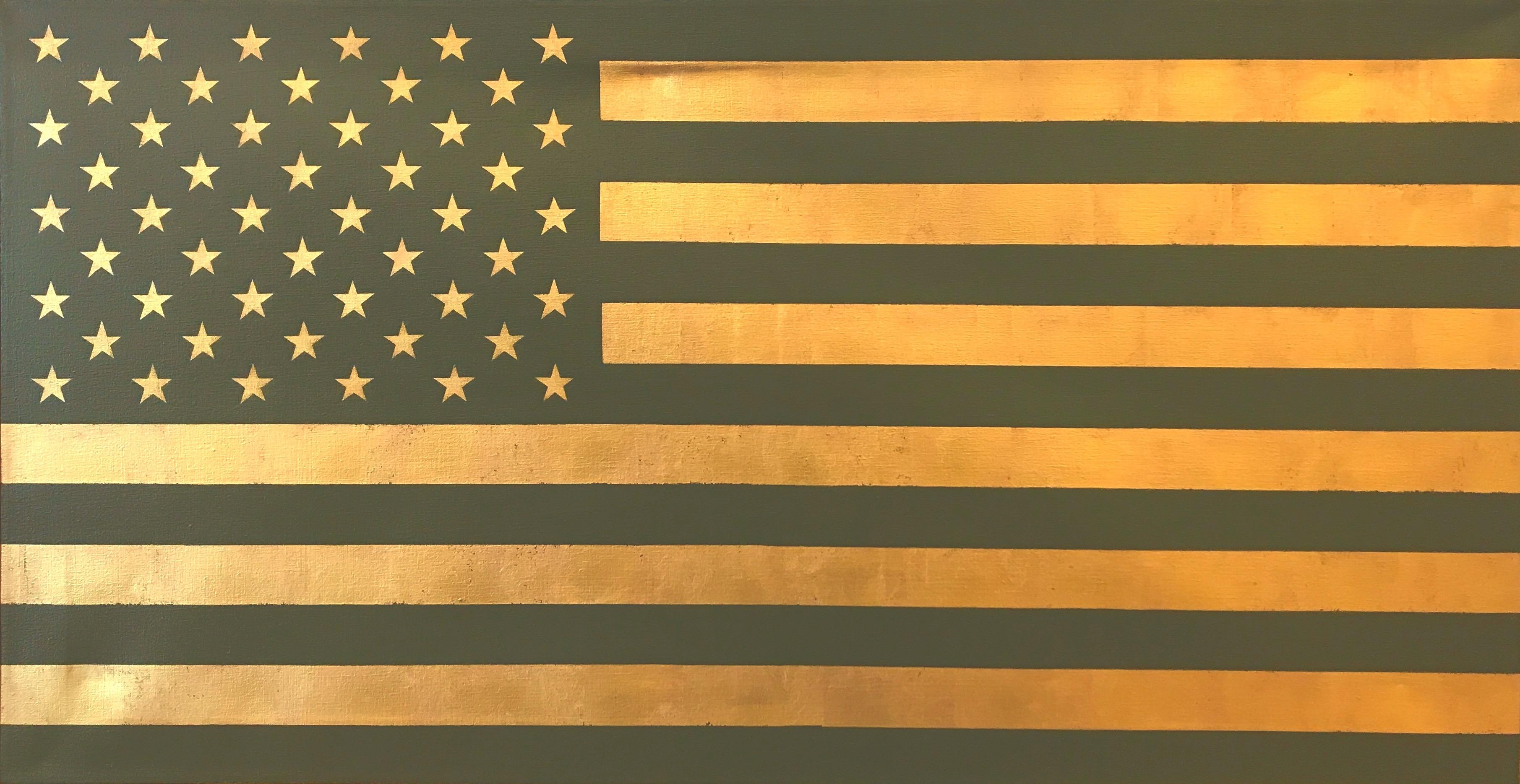 Charlotte Andry Gibbs Abstract Painting - "U.S. Flag (Olive and Gold)"  Pop, Americana, 