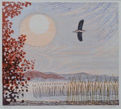 Creyr (Heron), Charlotte Baxter, Limited Edition Print, Bird Landscape Artwork