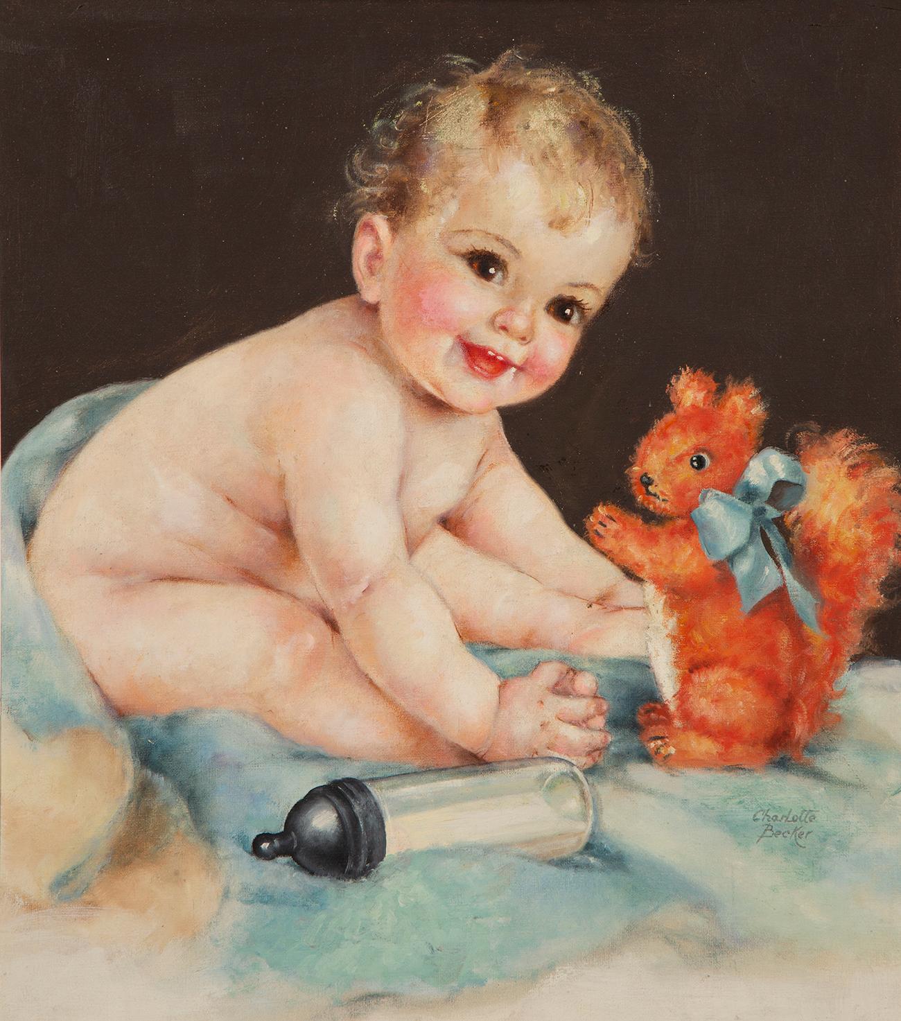 Child and Toy Squirrel - Painting by Charlotte Becker