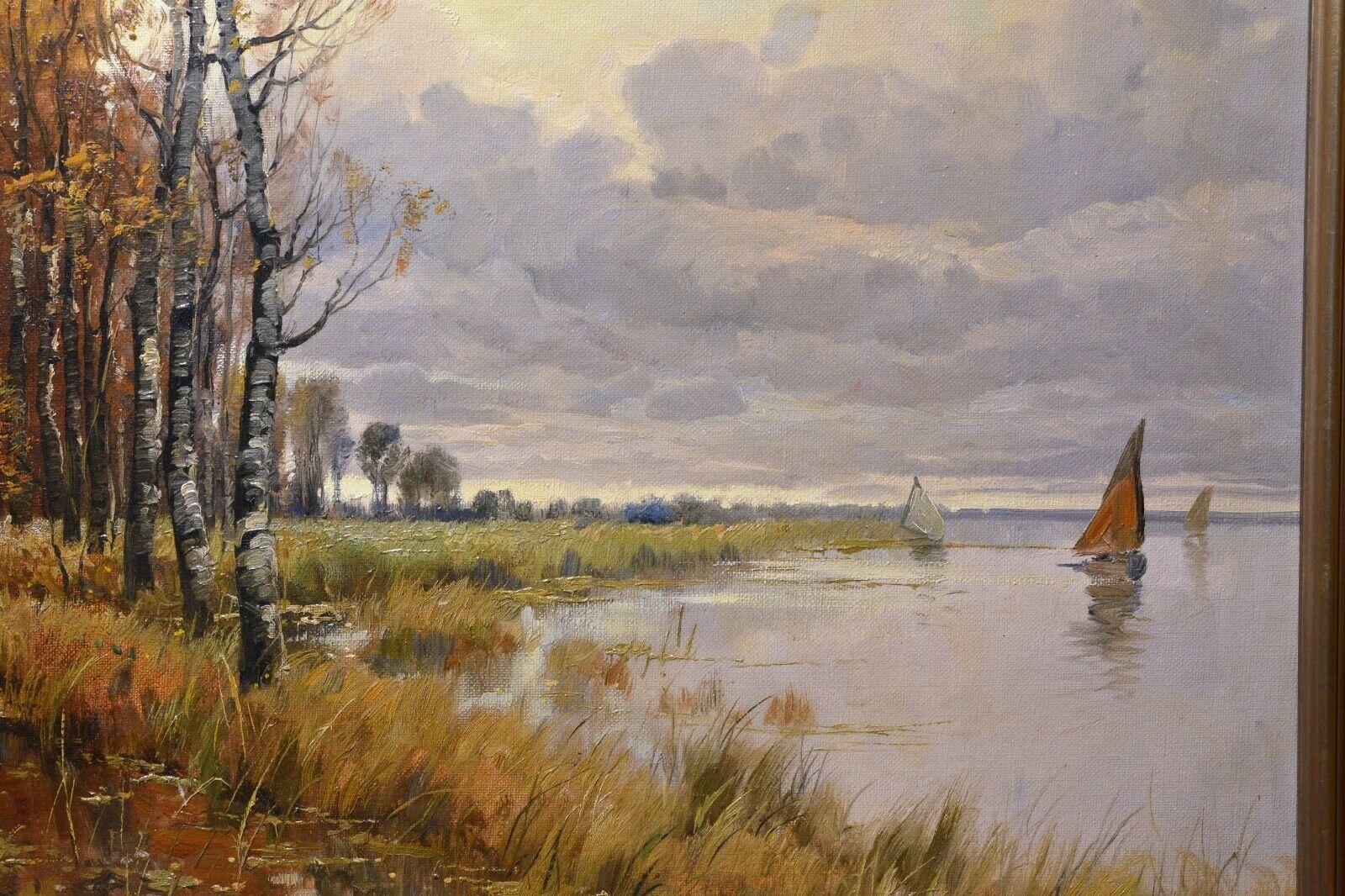 Voiliers sur la rivière Escaut (par une femme membre du Salon de Paris) - Marron Landscape Painting par Charlotte Besnard Schelde