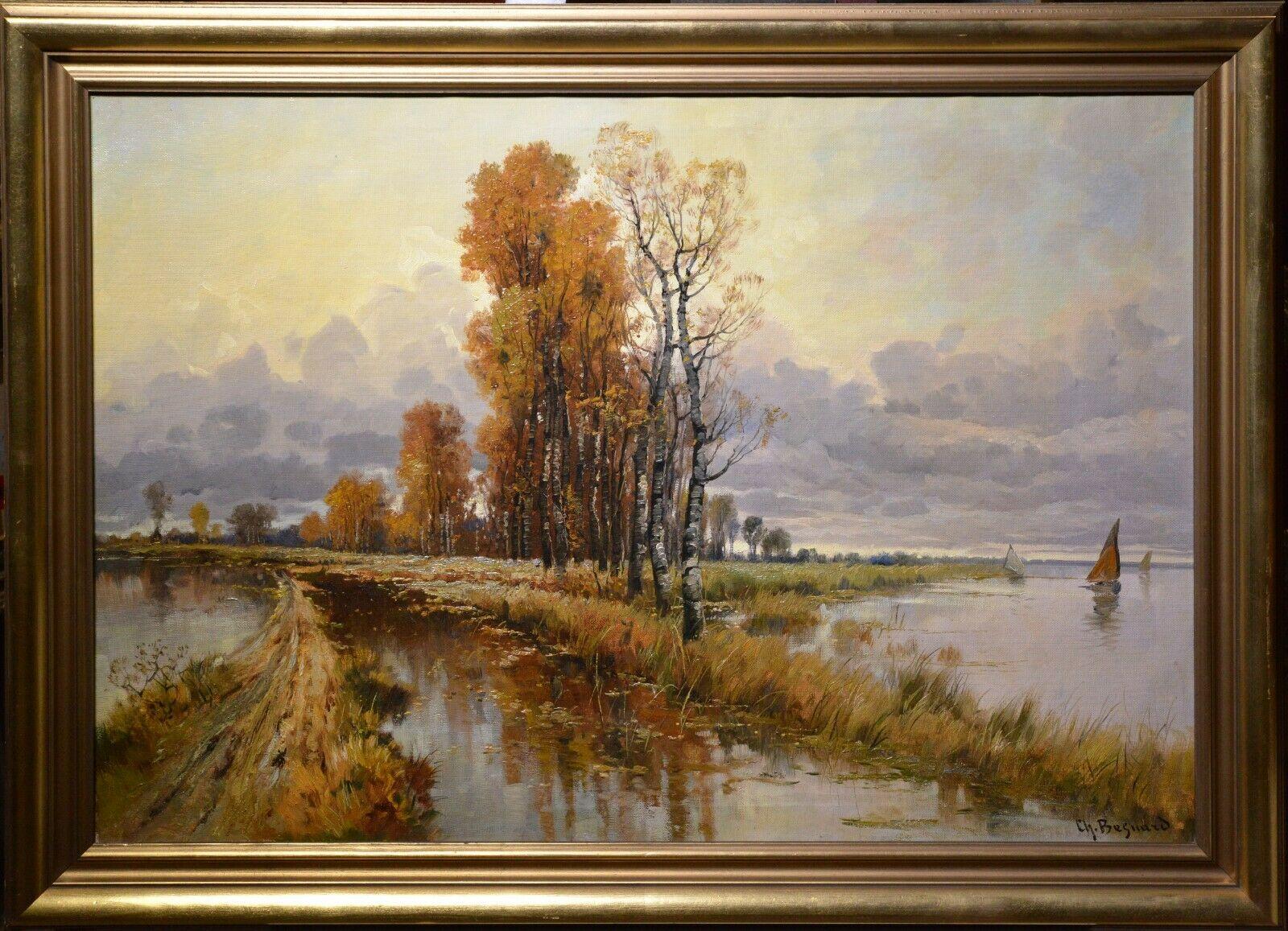 Landscape Painting Charlotte Besnard Schelde - Voiliers sur la rivière Escaut (par une femme membre du Salon de Paris)