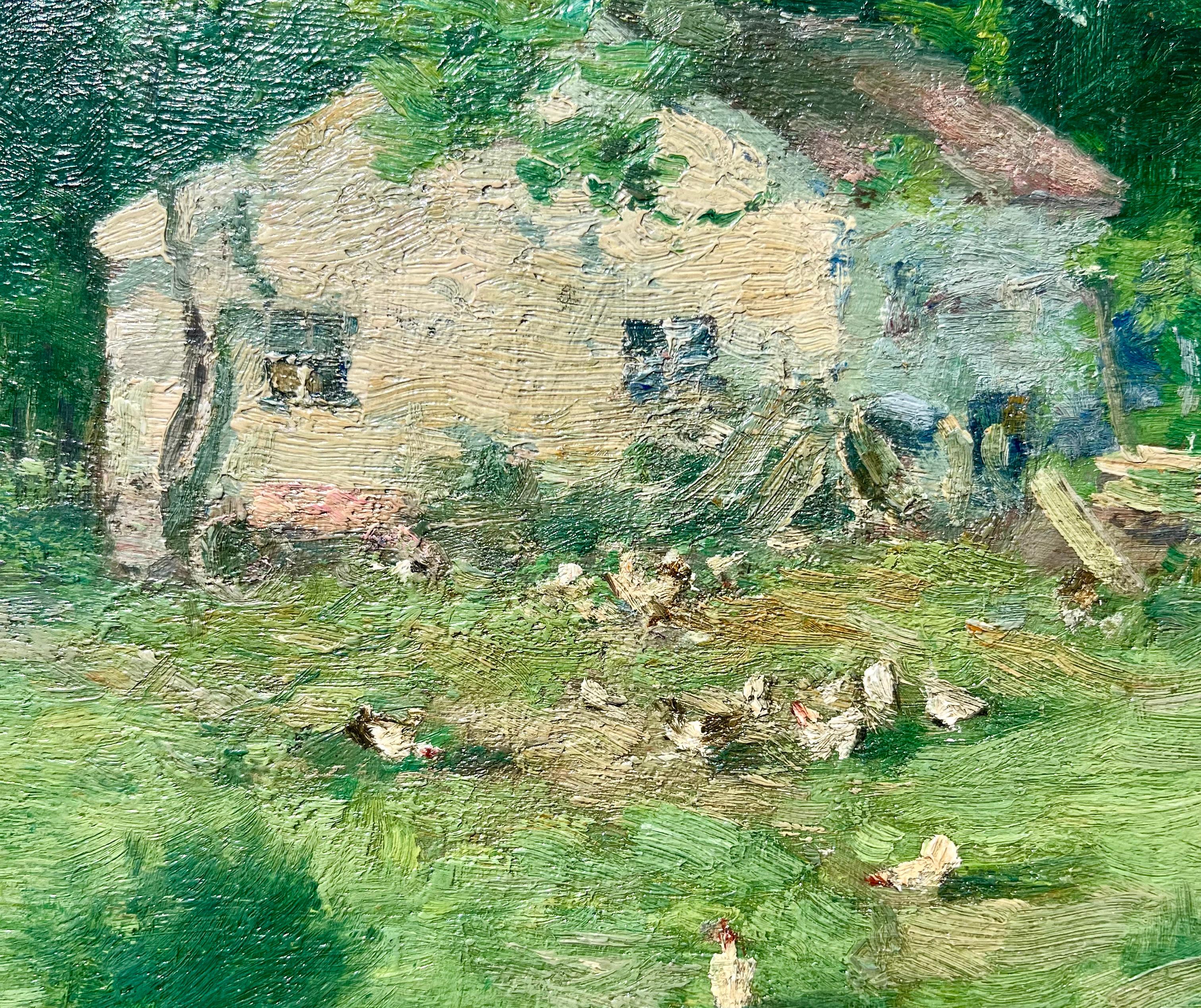 Paesaggio casalingo con galline - Painting di Charlotte Buell Coman