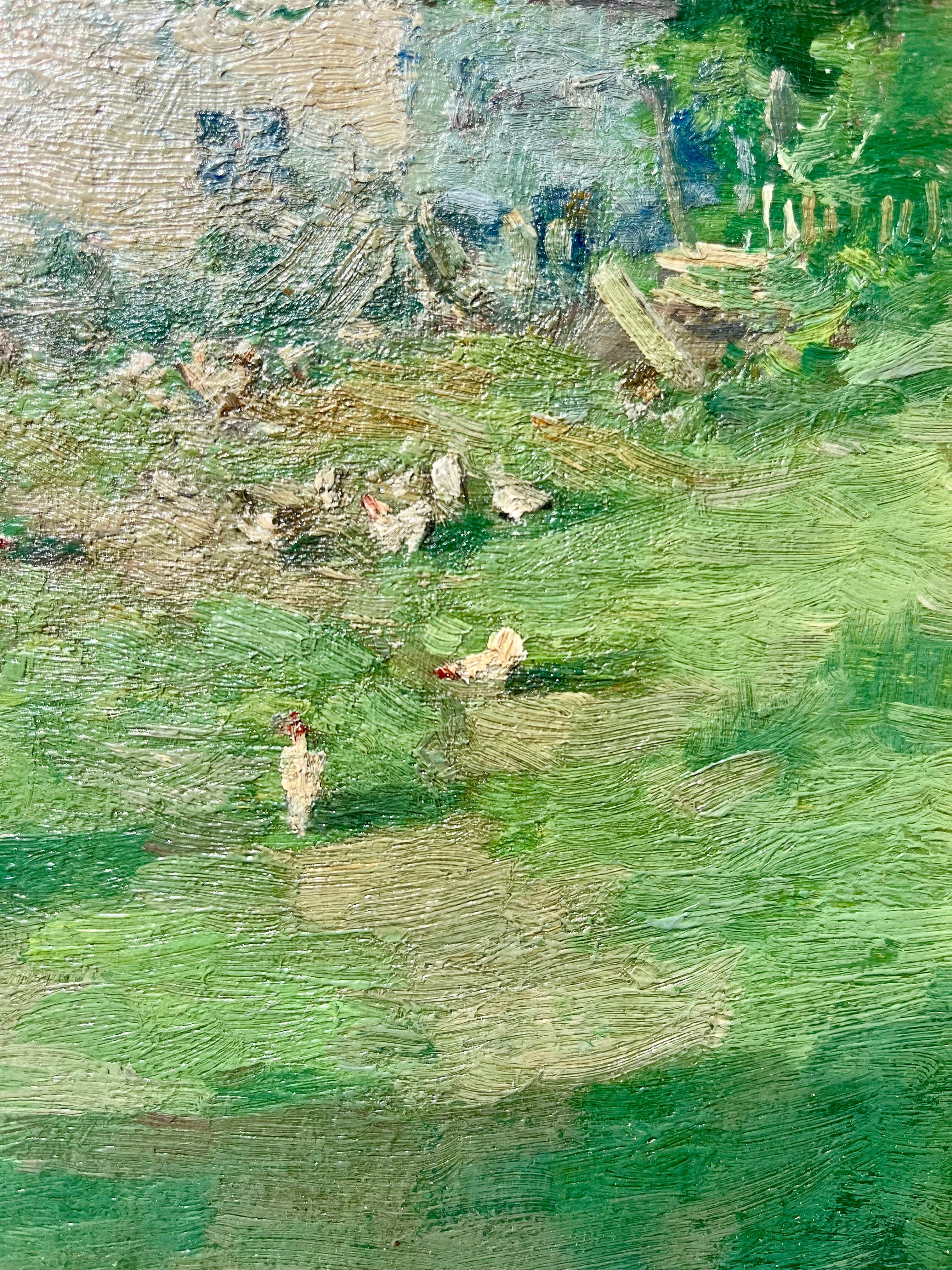 Paesaggio casalingo con galline - Landscape Painting Verde di Charlotte Buell Coman