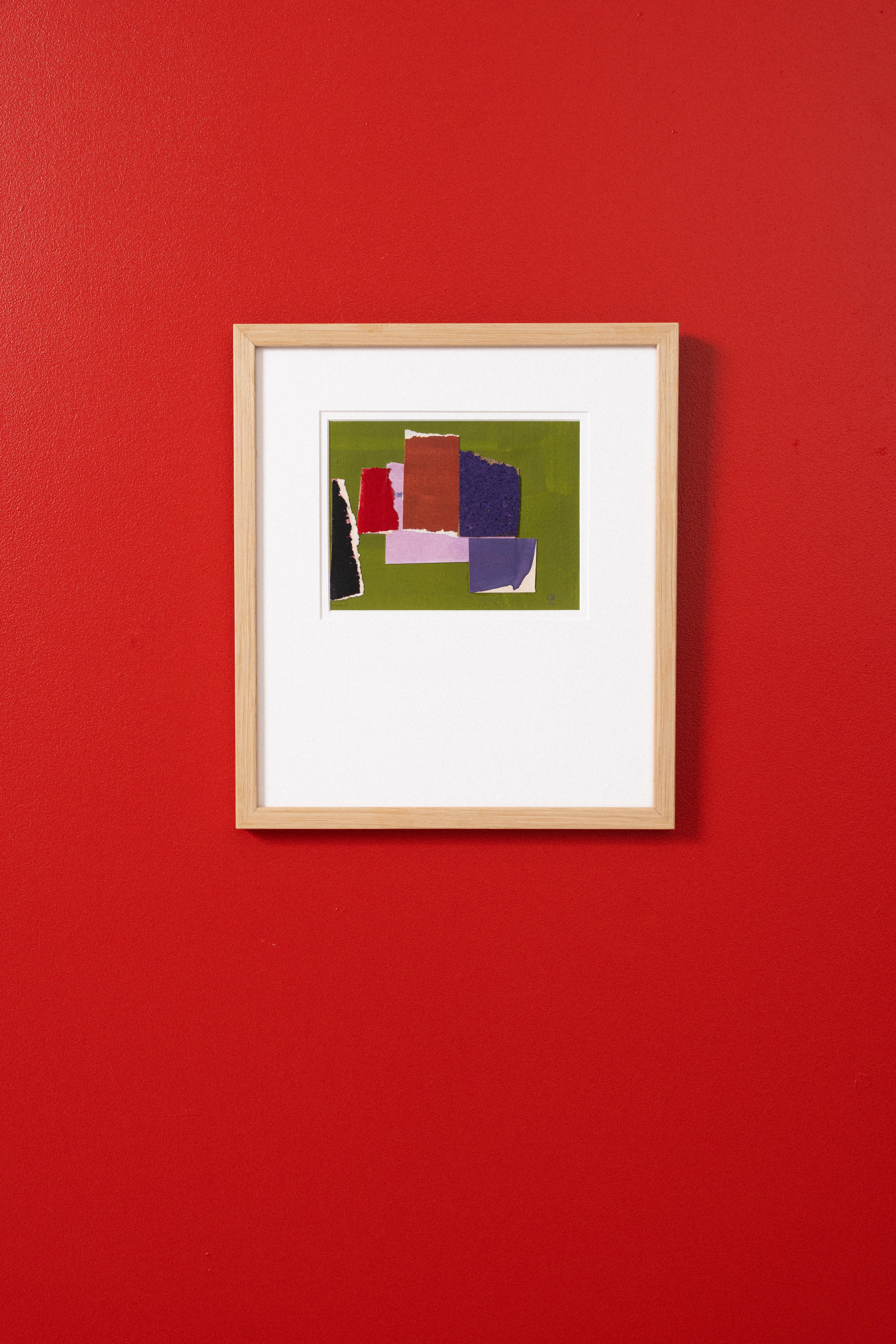 Gouaches e collage su carta (16 x 12 cm), incorniciati con un vetro da museo senza acidi a doppia stuoia.