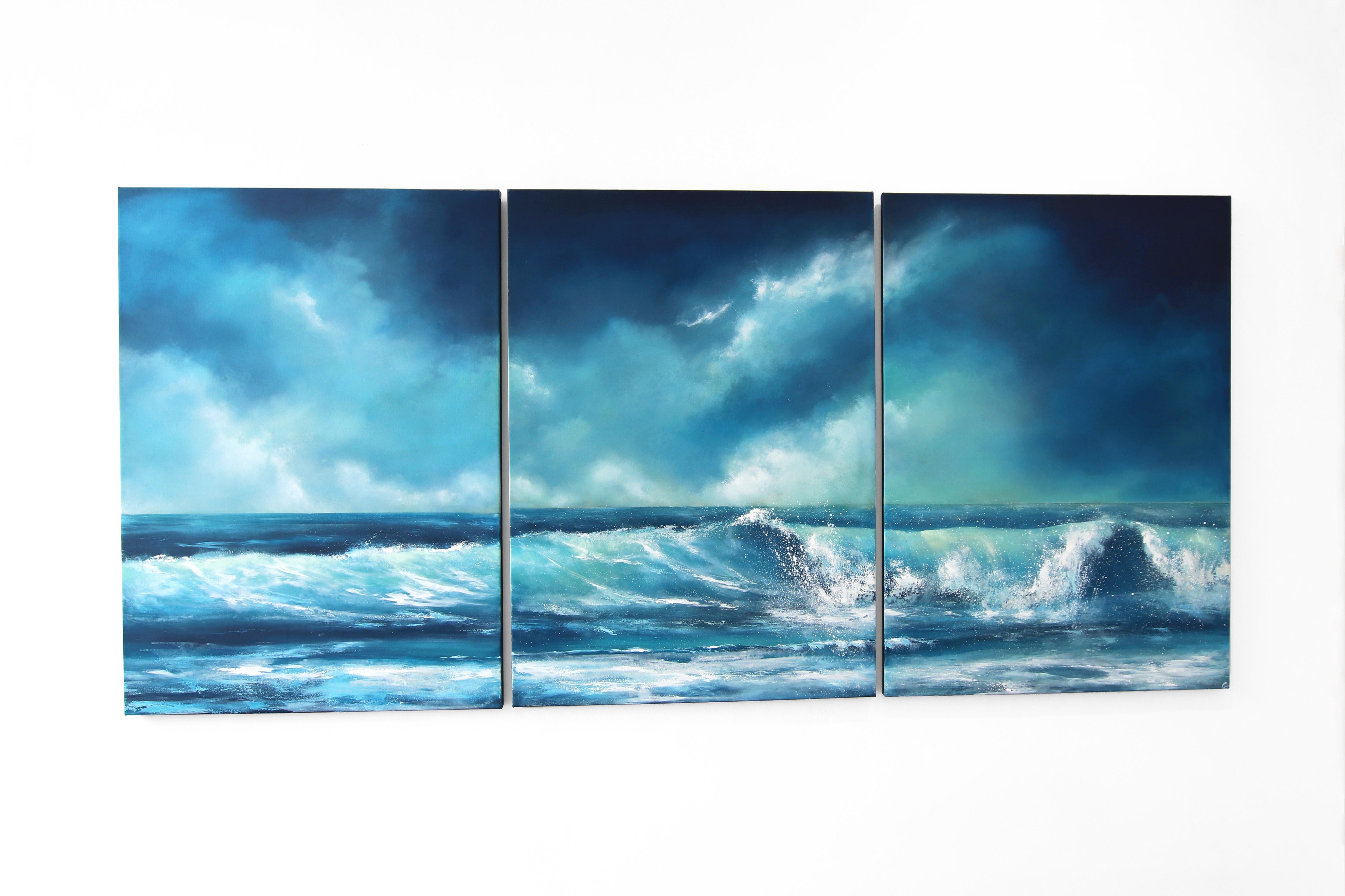 A Kinder Sea (Triptyque) - Grande peinture sur toile d'inspiration océanique - Bleu Landscape Painting par Charlotte Elizabeth