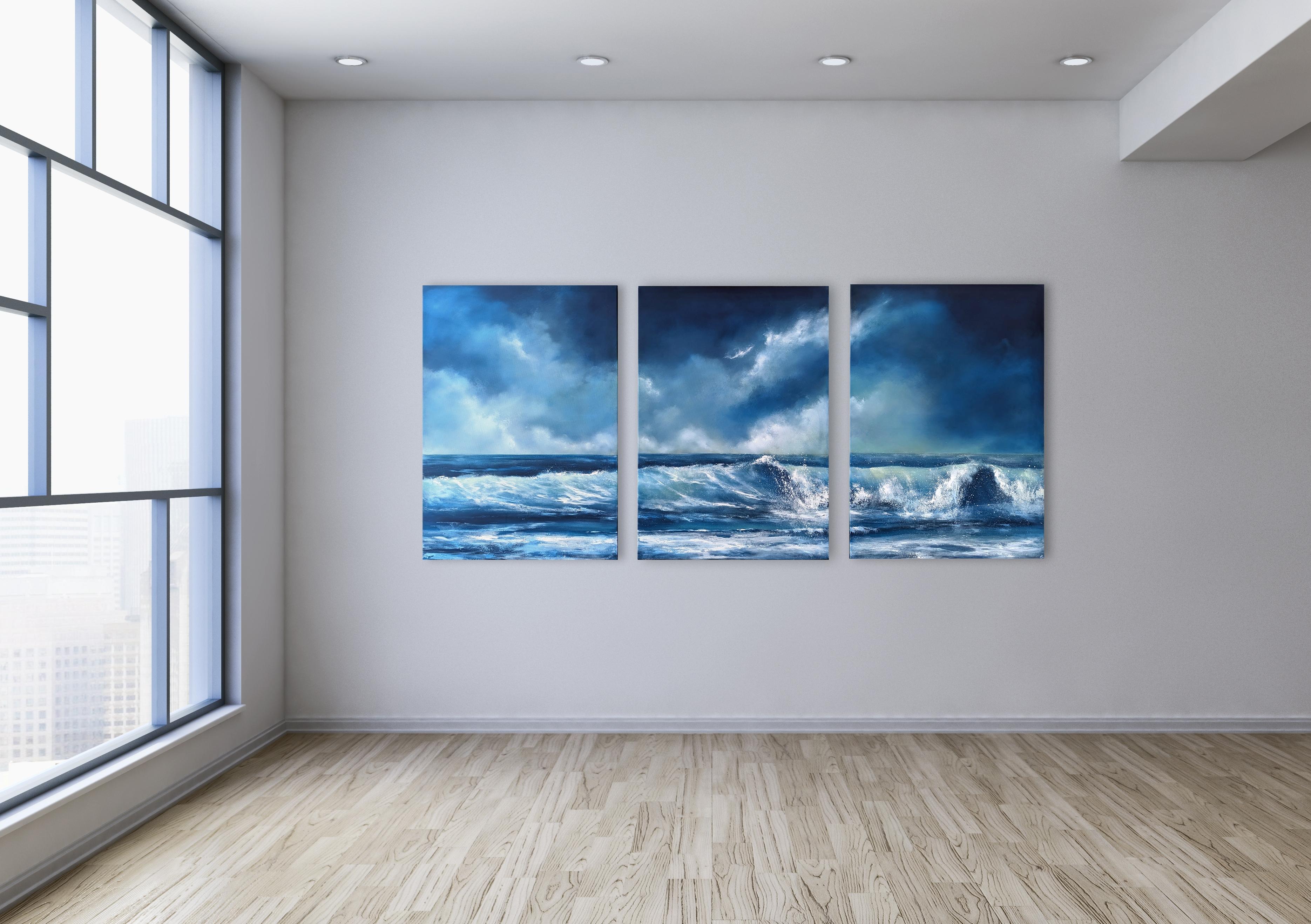 A Kinder Sea (Triptyque) - Grande peinture sur toile d'inspiration océanique en vente 1