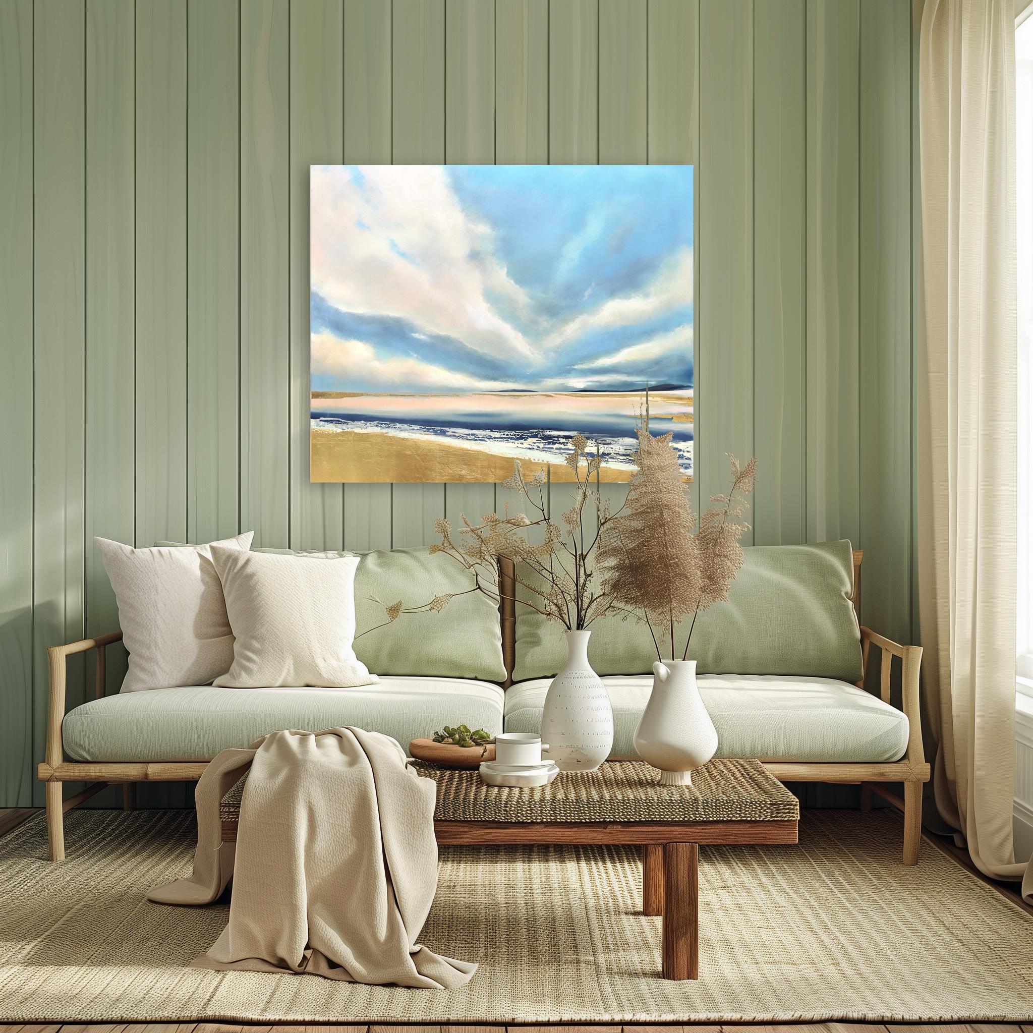 Nuages insouciants-  Peinture de paysage océanique douce sur toile - Contemporain Mixed Media Art par Charlotte Elizabeth