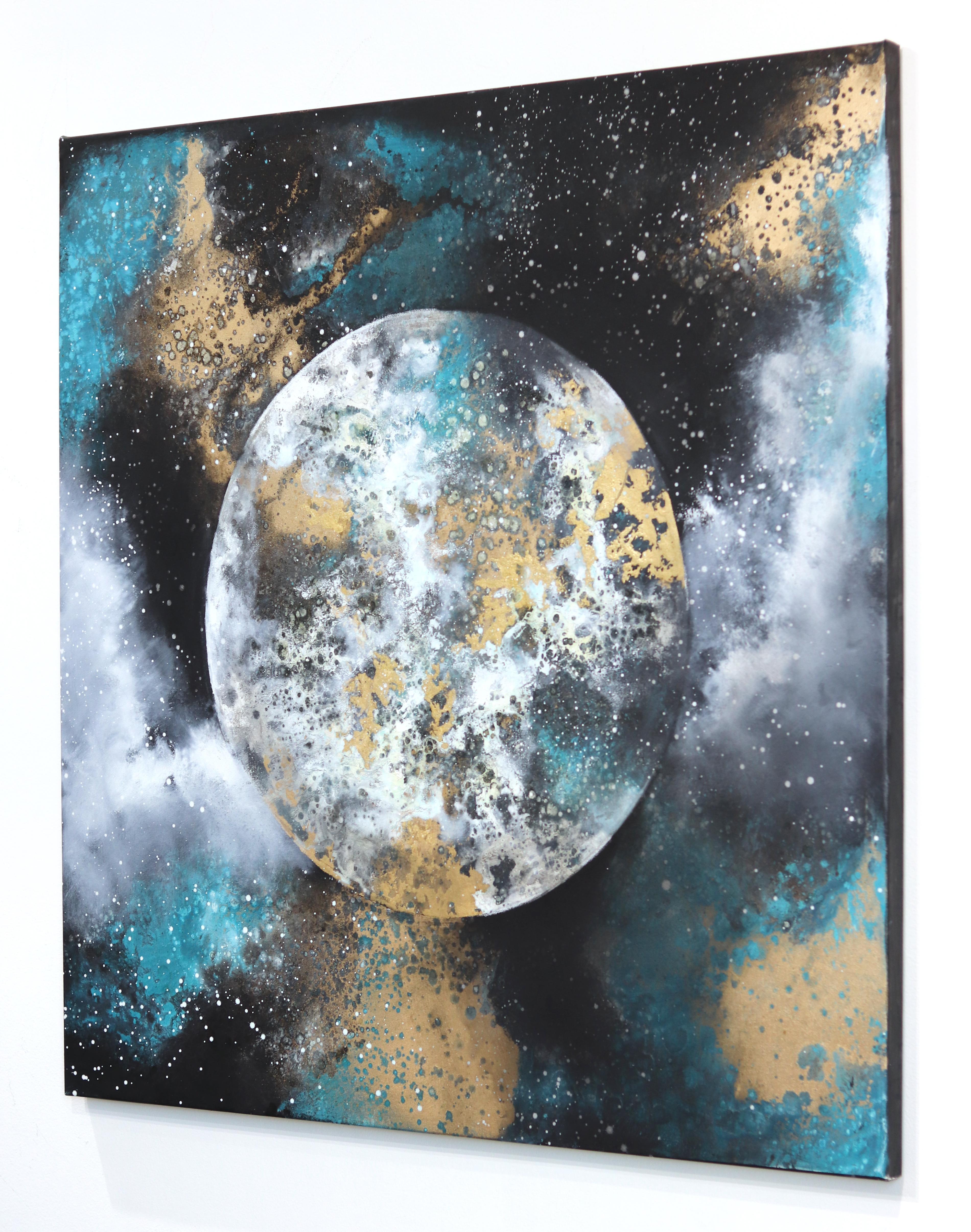 Moon Magic - Mixed Media Celestial Moon Gold Black Blue Space Universe Painting For Sale 2
