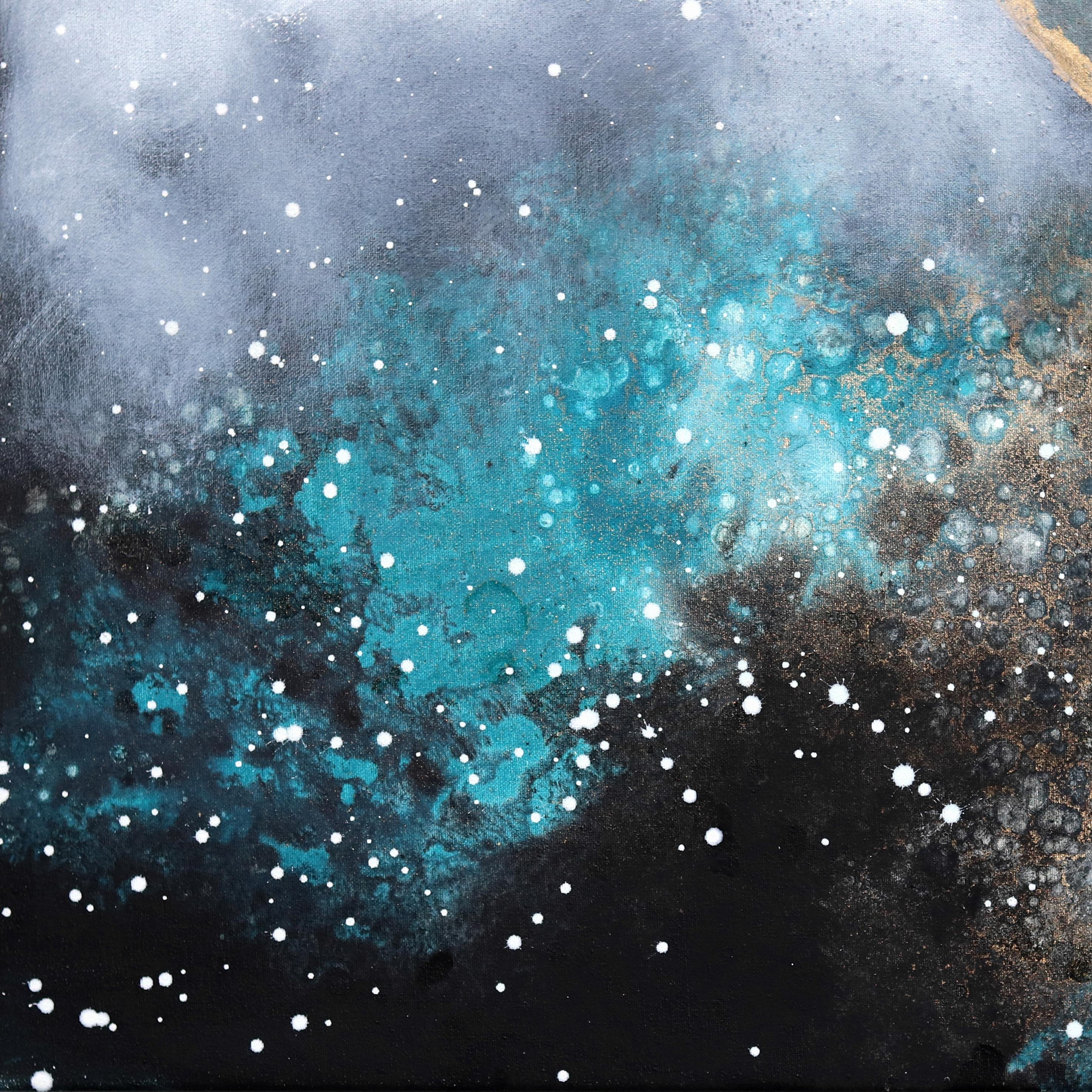 Moon Magic - Mixed Media Celestial Moon Gold Schwarz Blau Space Universum Gemälde im Angebot 3