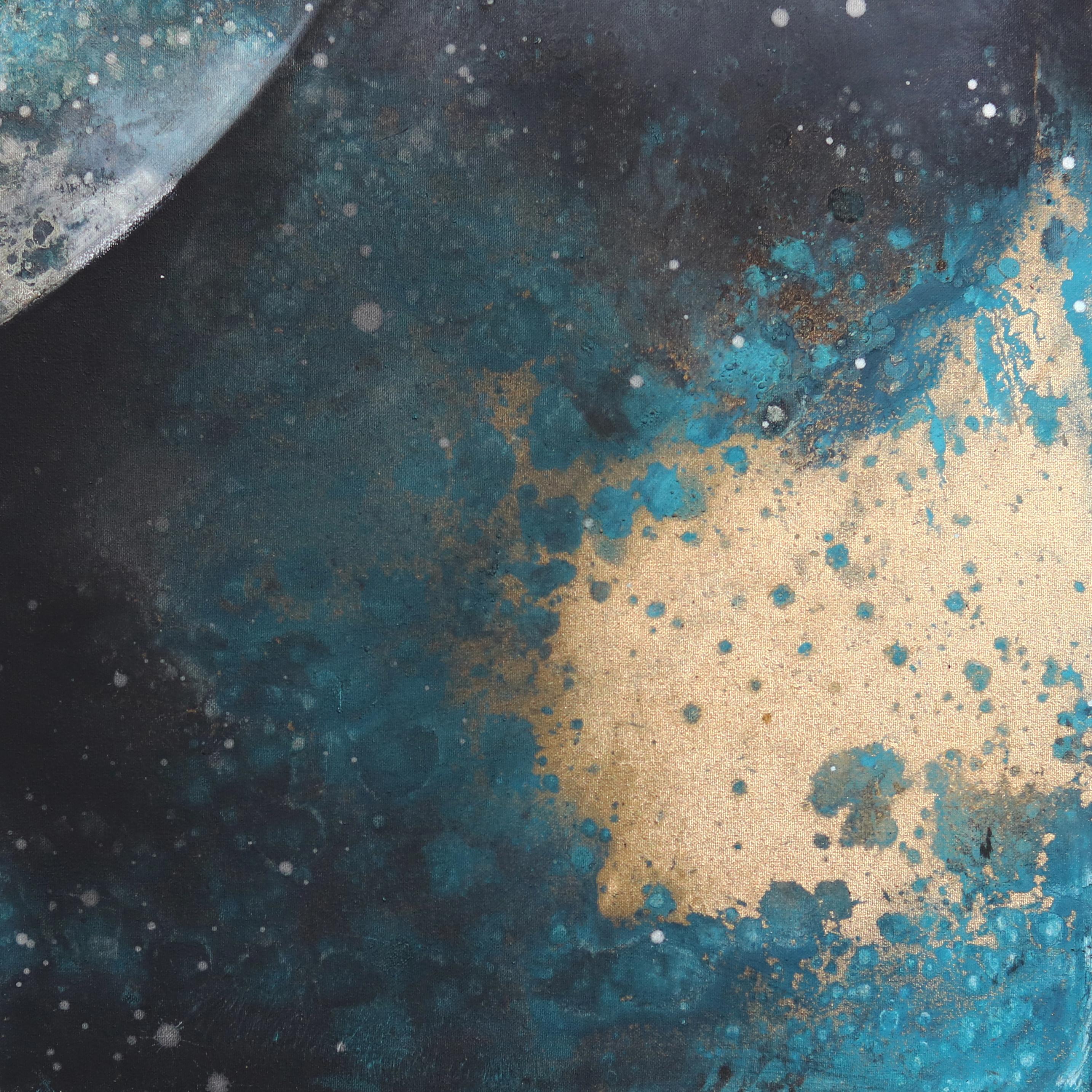 Moon Magic - Mixed Media Celestial Moon Gold Schwarz Blau Space Universum Gemälde im Angebot 4