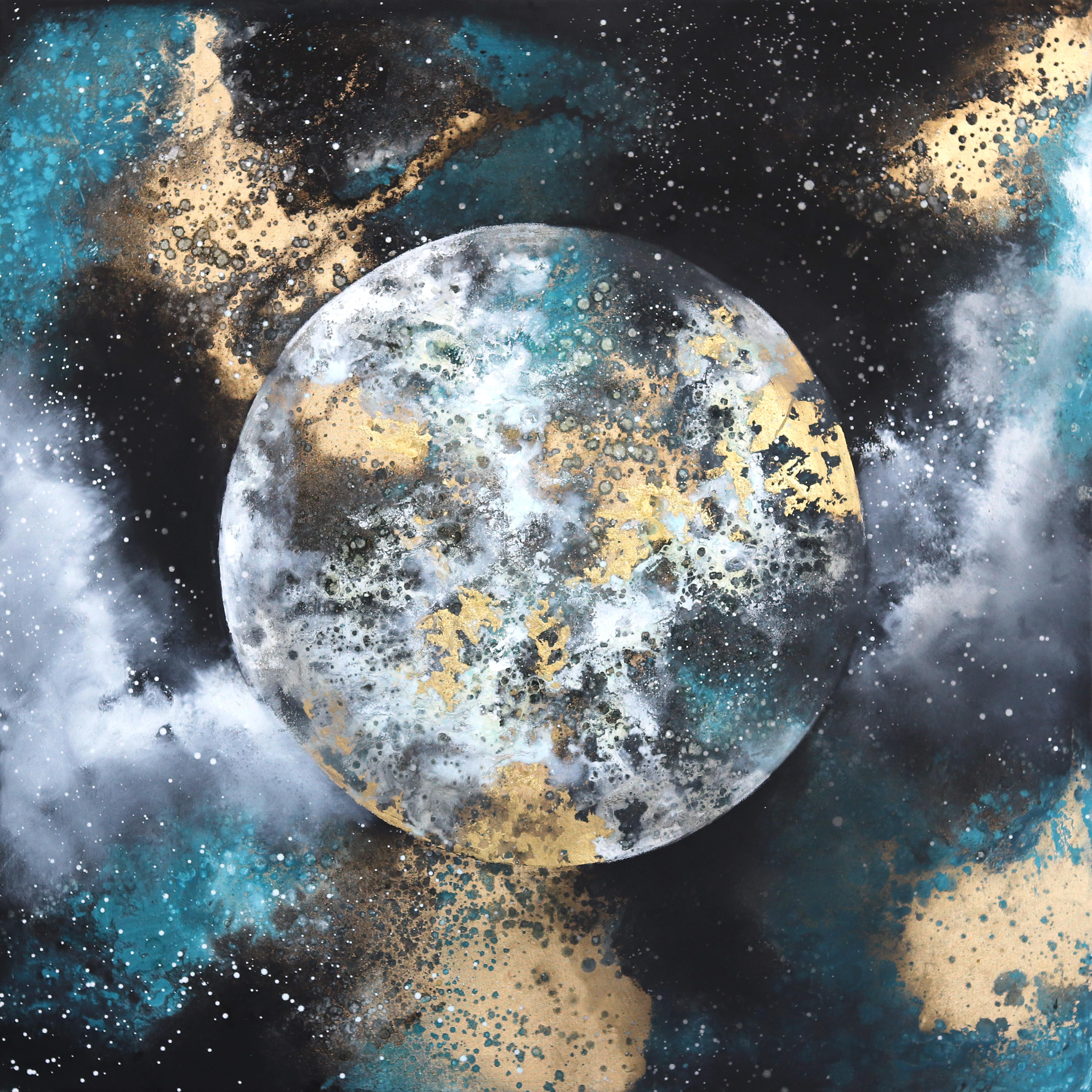Moon Magic - Mixed Media Celestial Moon Gold Black Blue Space Universe Painting