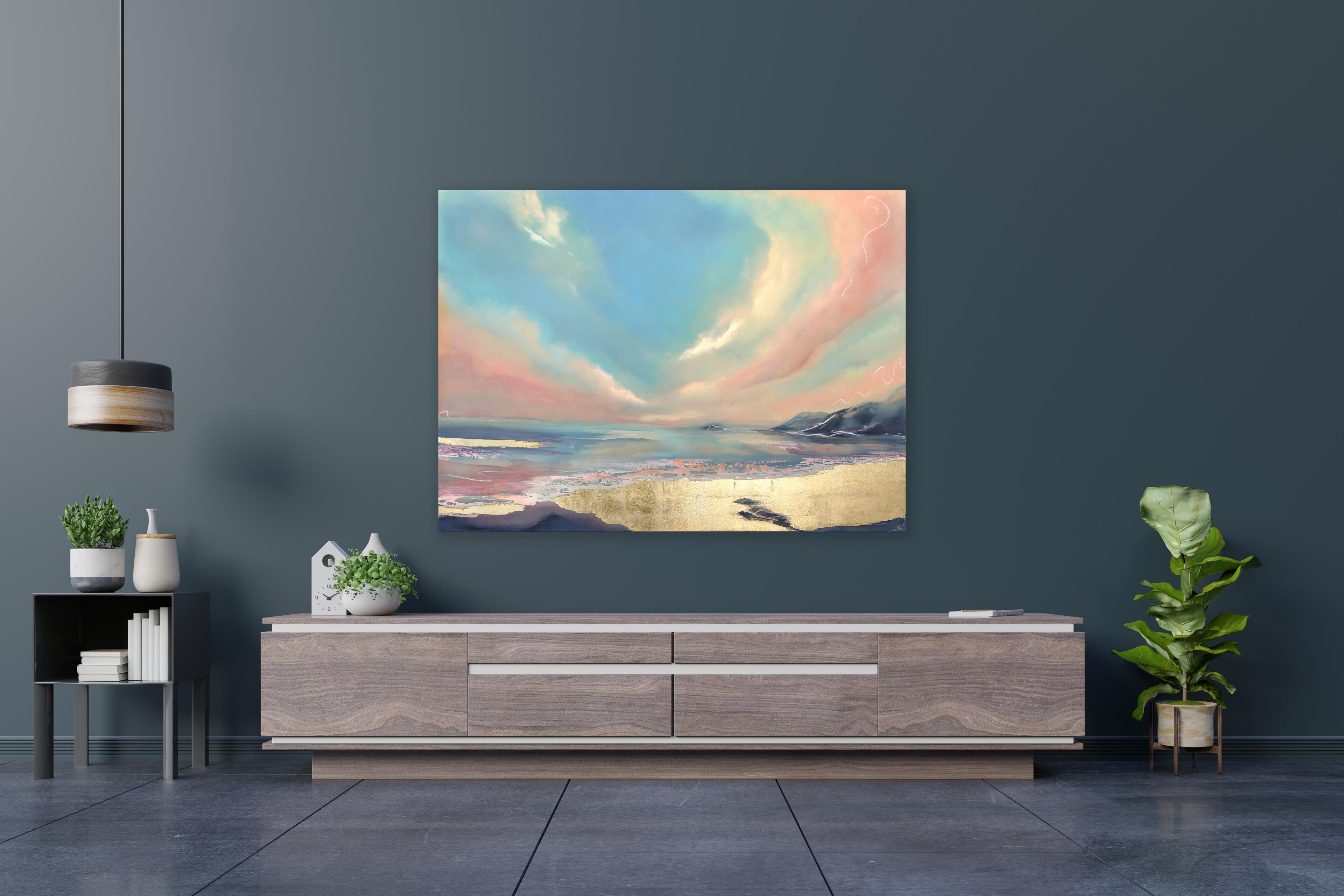 Whisper - Large Scale Original Pastell Ton Ozeanlandschaft Sonnenuntergang Malerei auf Leinwand (Zeitgenössisch), Mixed Media Art, von Charlotte Elizabeth