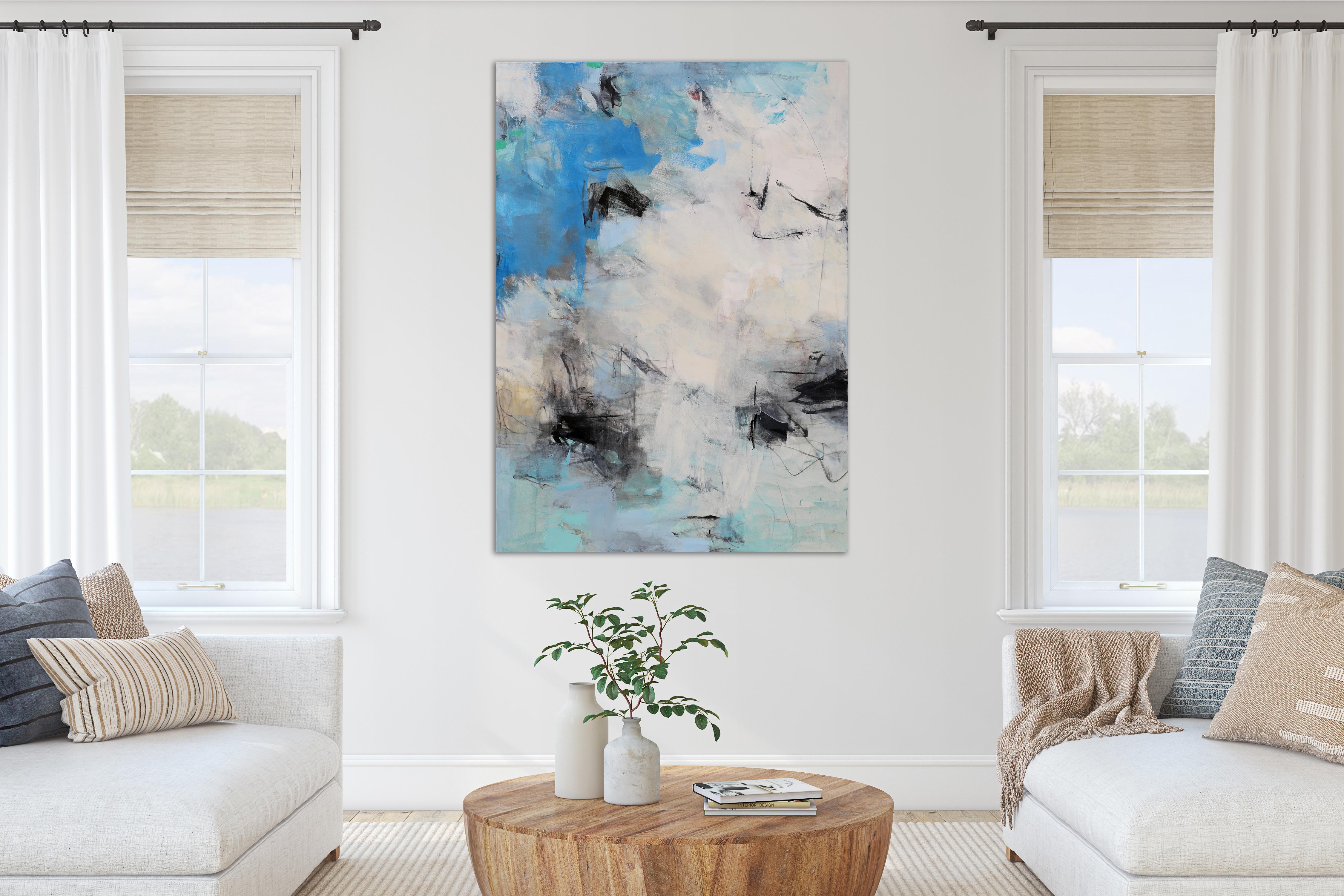 Blue Mist - contemporary white blue grey abstract painting - Painting by Charlotte Foust